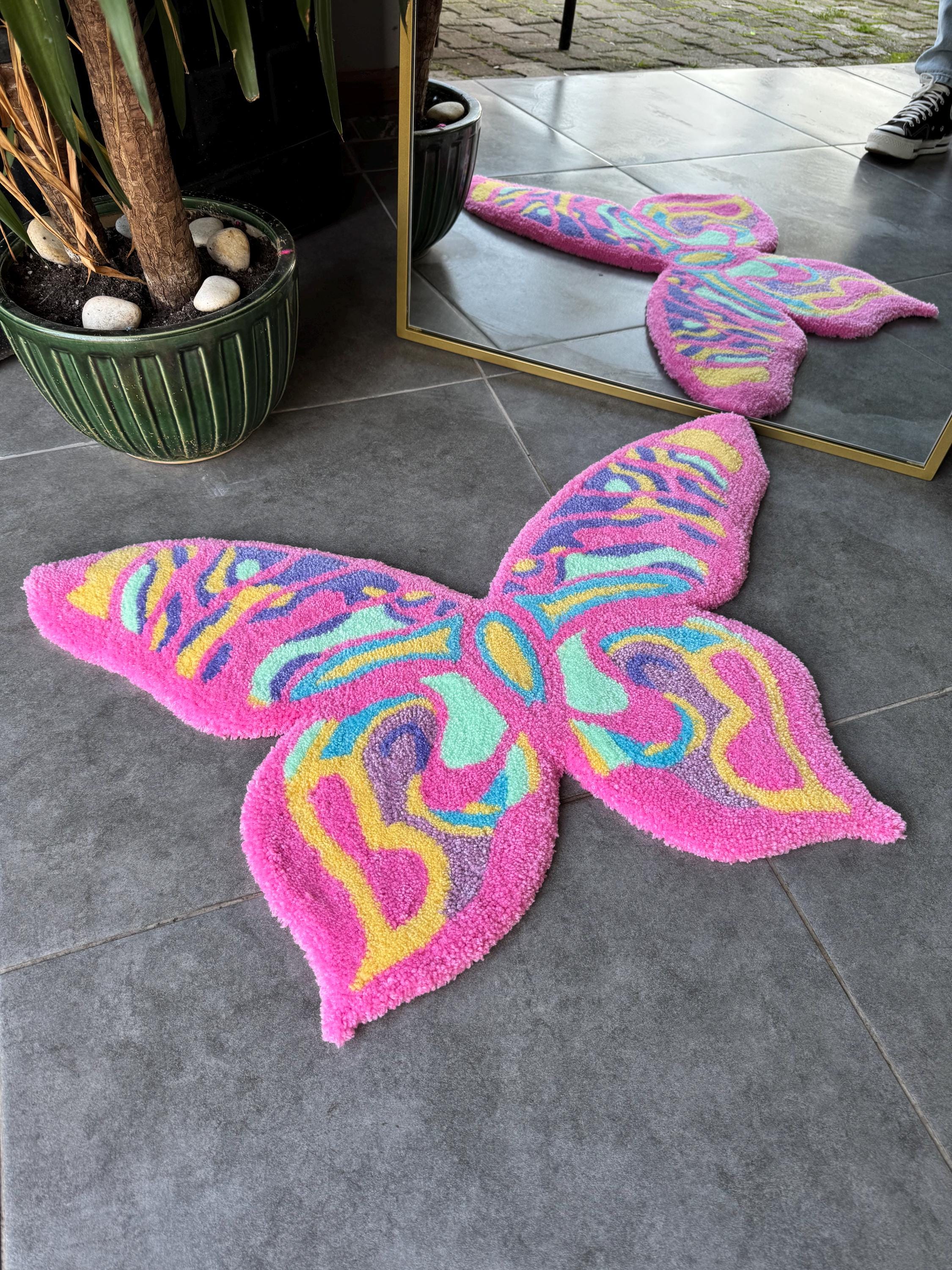 OrnnWorks Colorful Butterfly Fluffy Handmade Tufted Rug 80cm
