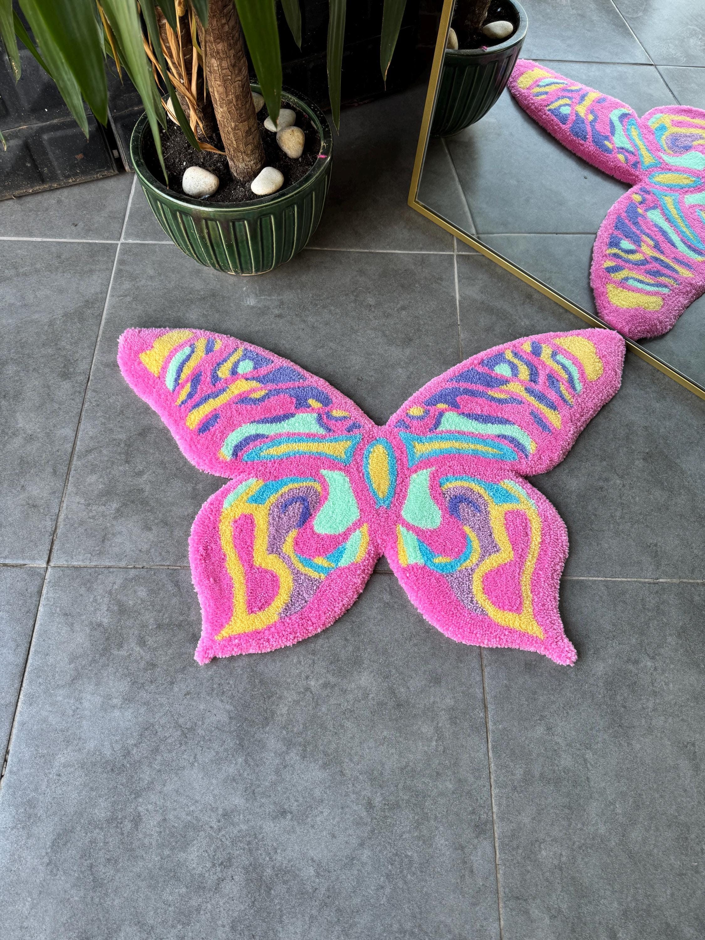 OrnnWorks Colorful Butterfly Fluffy Handmade Tufted Rug 80cm