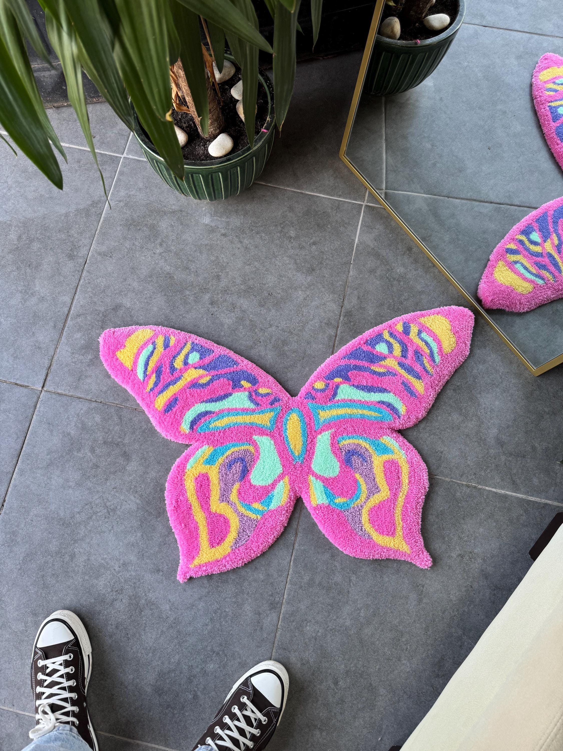 OrnnWorks Colorful Butterfly Fluffy Handmade Tufted Rug 80cm