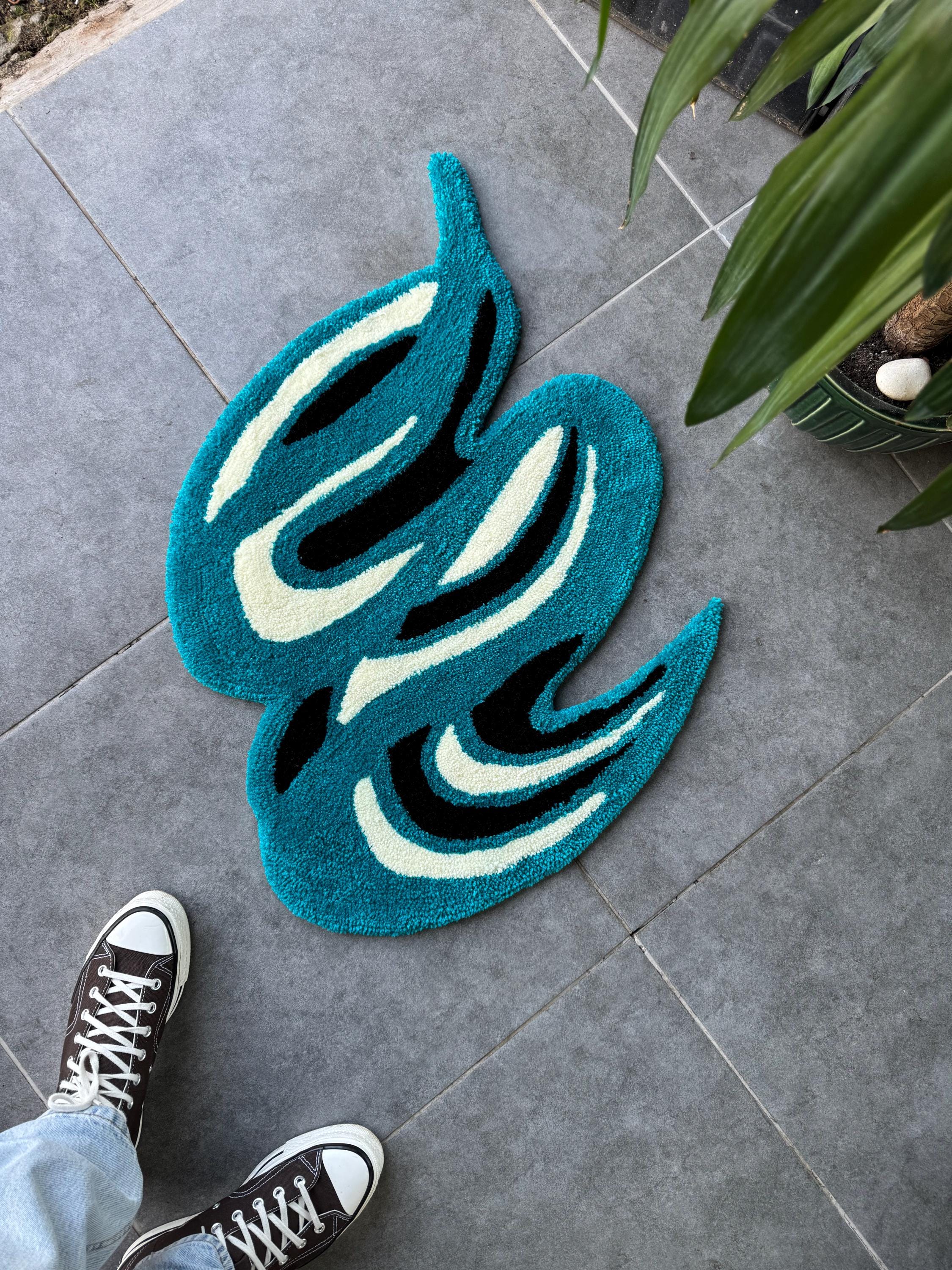 OrnnWorks Abstract Blue & Beige Fluffy Tufted Rug