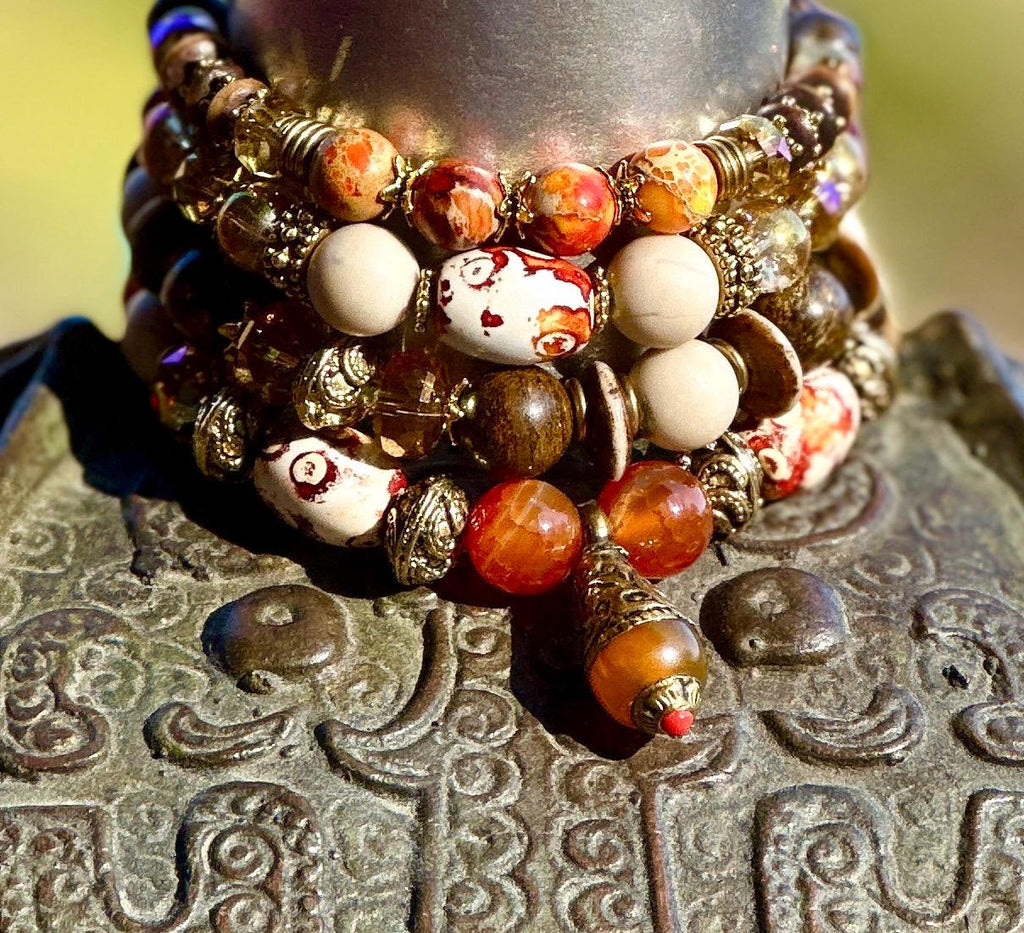 MossberryandStone Tibetan Beaded Brass Bracelet Stack Boho Gemstone