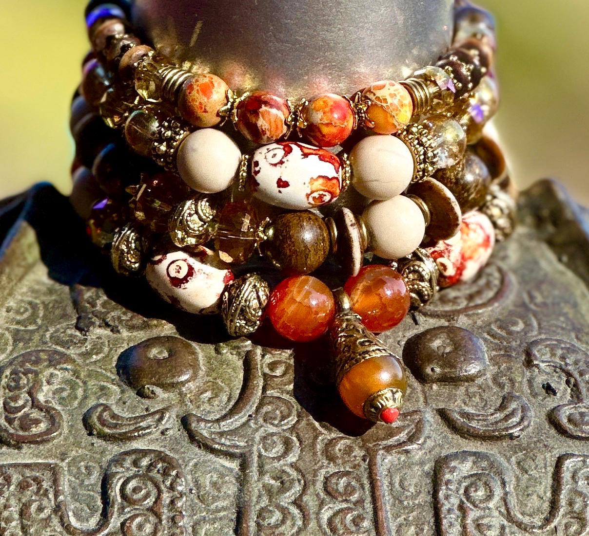 MossberryandStone Tibetan Beaded Brass Bracelet Stack Boho Gemstone