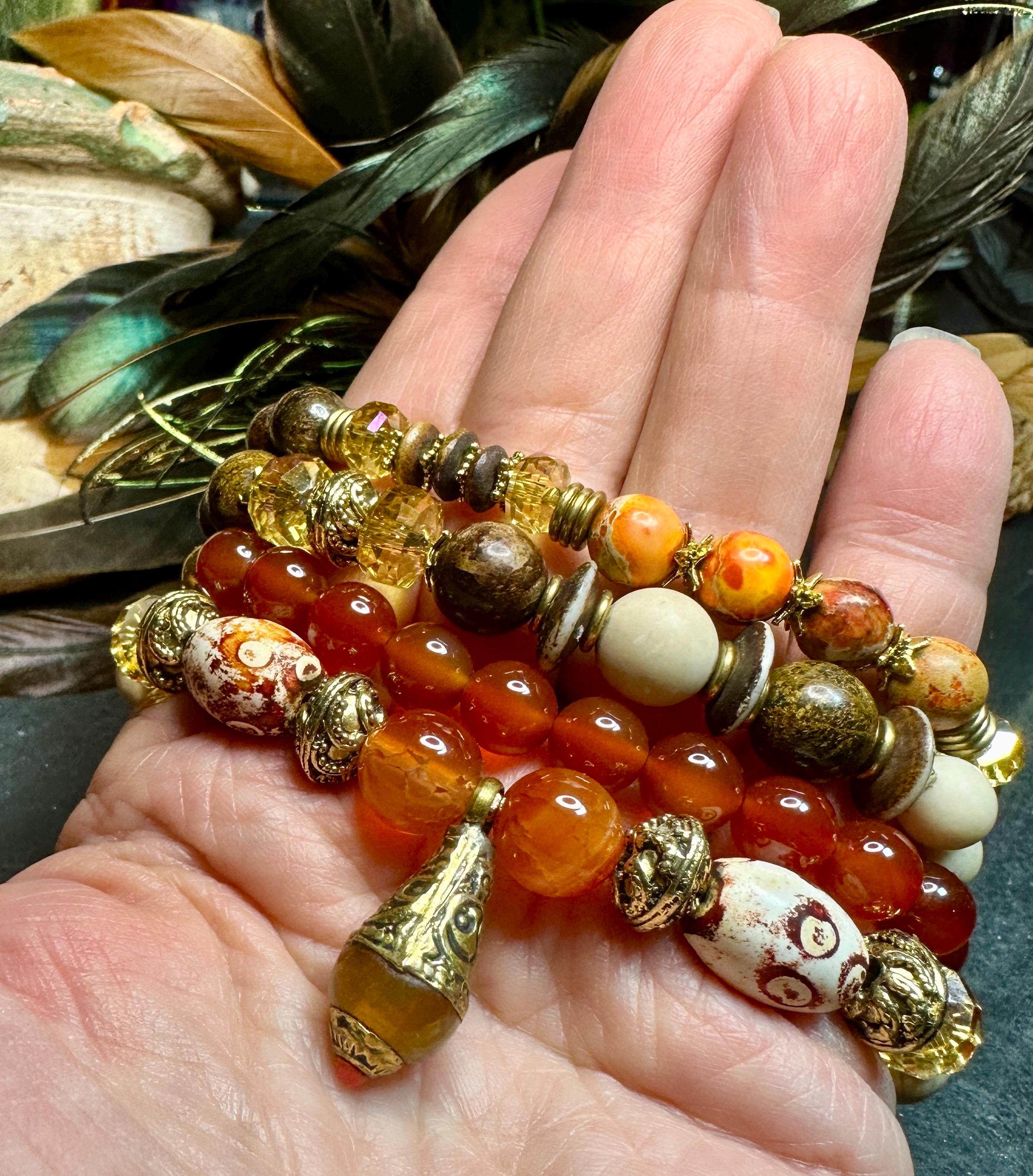 MossberryandStone Tibetan Beaded Brass Bracelet Stack Boho Gemstone