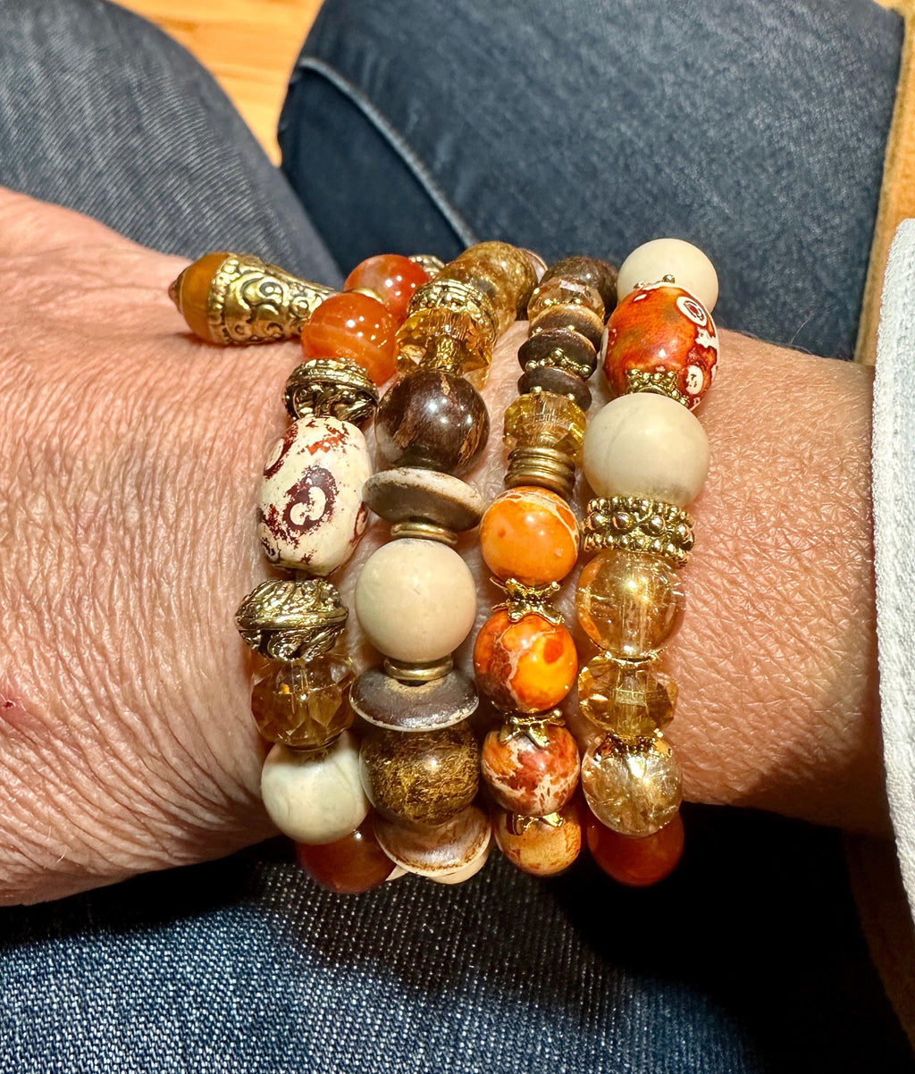 MossberryandStone Tibetan Beaded Brass Bracelet Stack Boho Gemstone