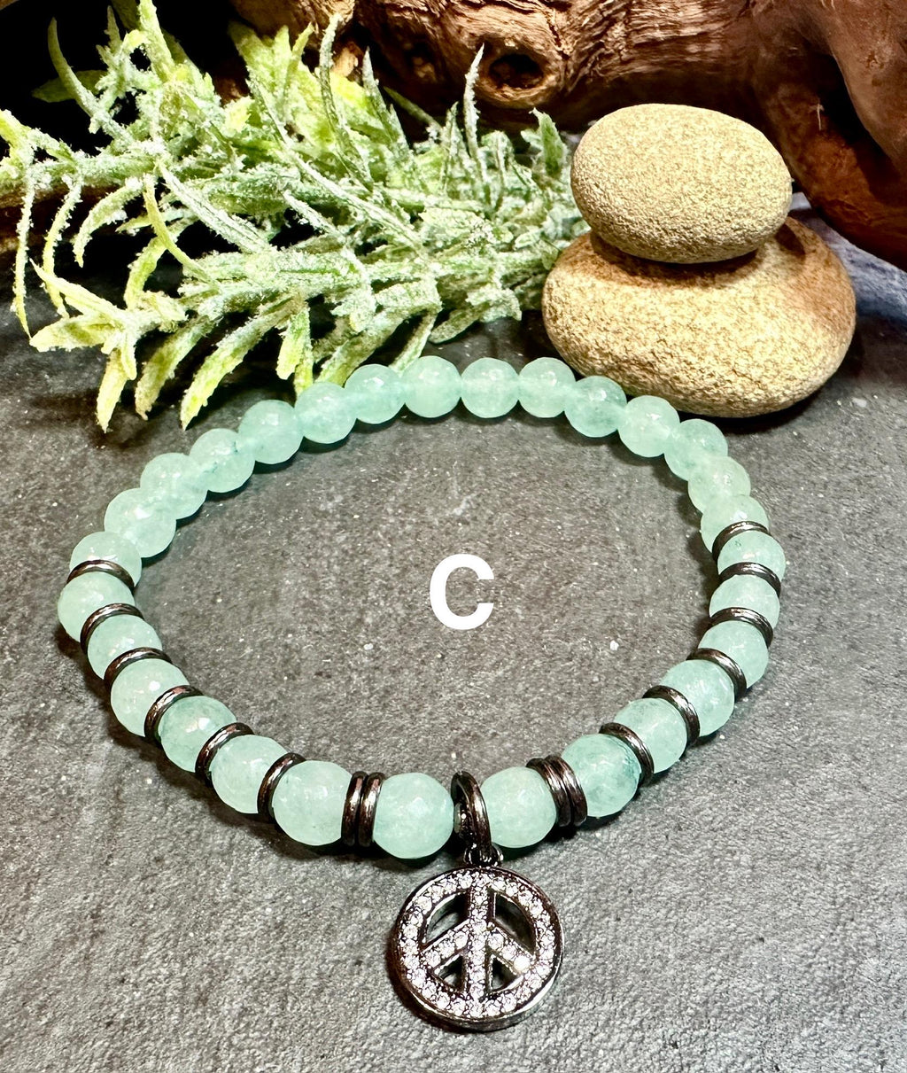 MossberryandStone Beaded Bracelet Stack CZ Peace Sign Charm 6.5in