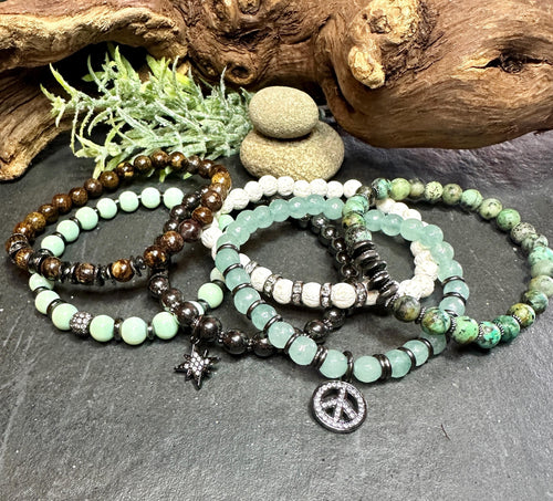 Beaded Bracelet Stack Featuring a CZ Peace Sign Charm