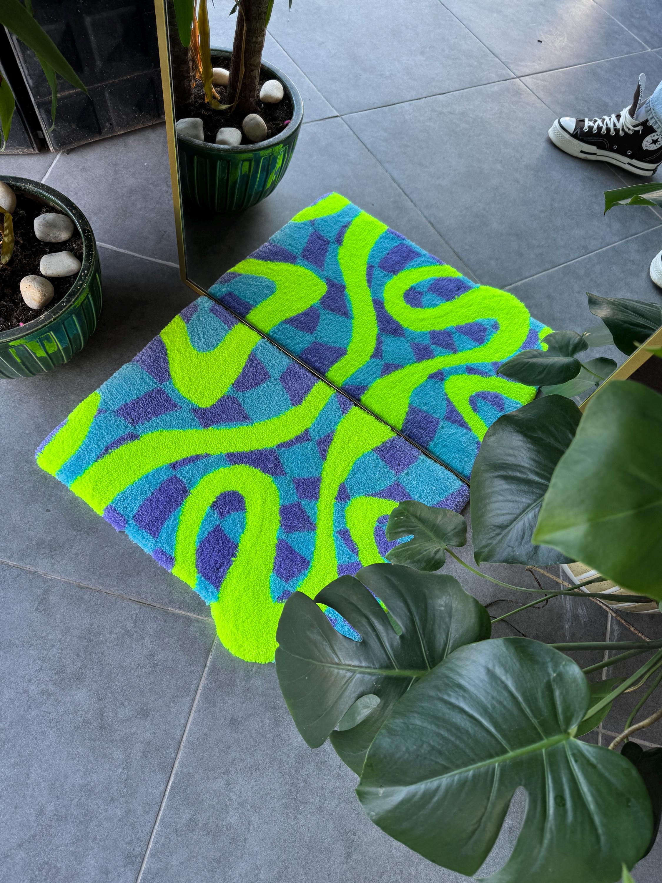 OrnnWorks Neon Green Checkered Fluffy Tufted Rug 23.6x15.7in