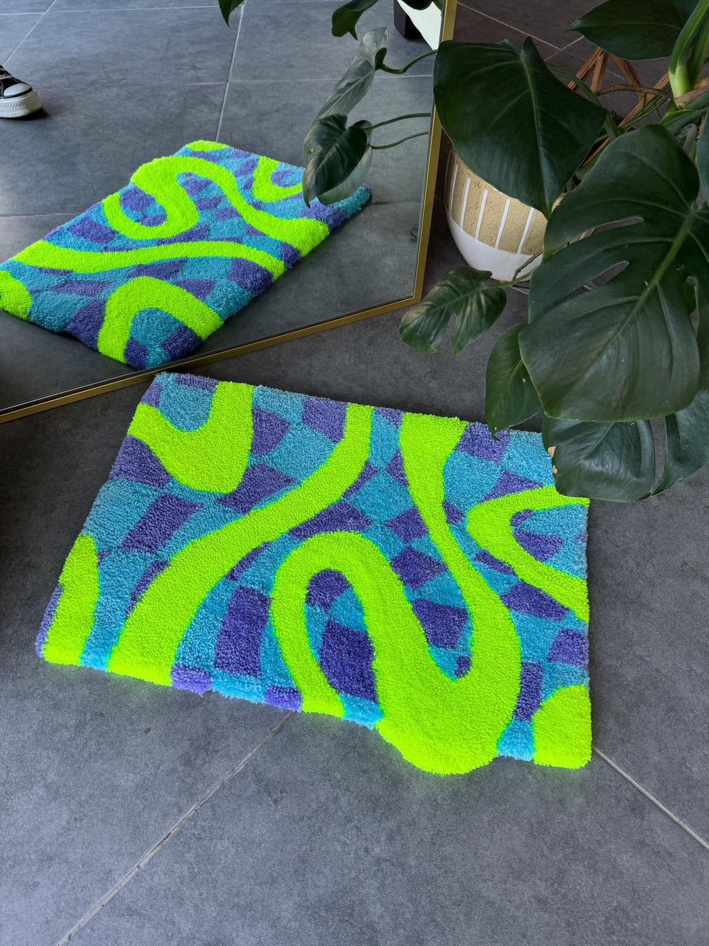 OrnnWorks Neon Green Checkered Fluffy Tufted Rug 23.6x15.7in