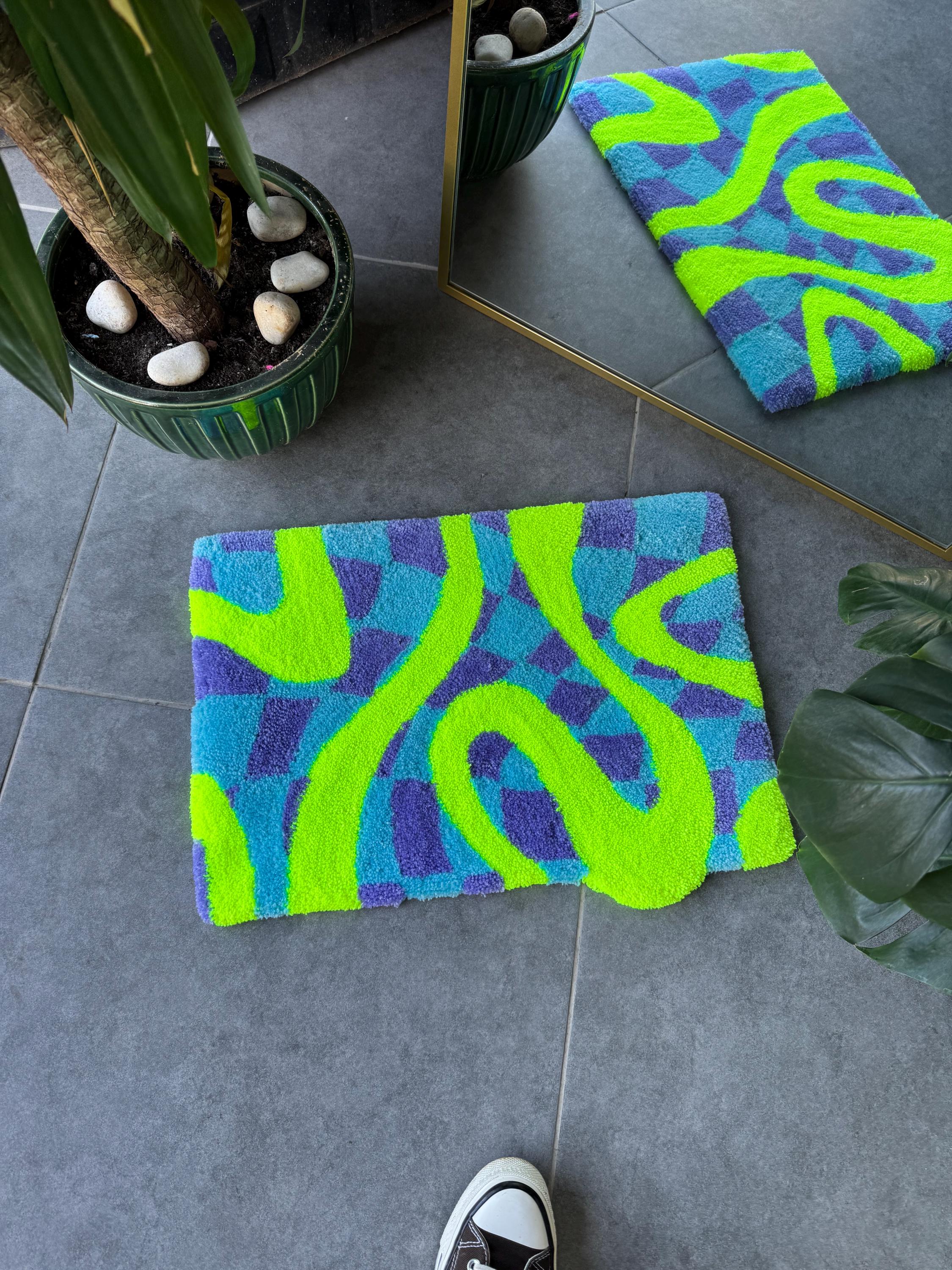 OrnnWorks Neon Green Checkered Fluffy Tufted Rug 23.6x15.7in