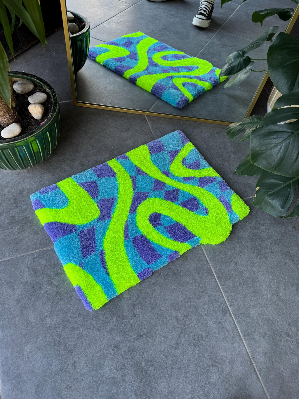 OrnnWorks Neon Green Checkered Fluffy Tufted Rug 23.6x15.7in