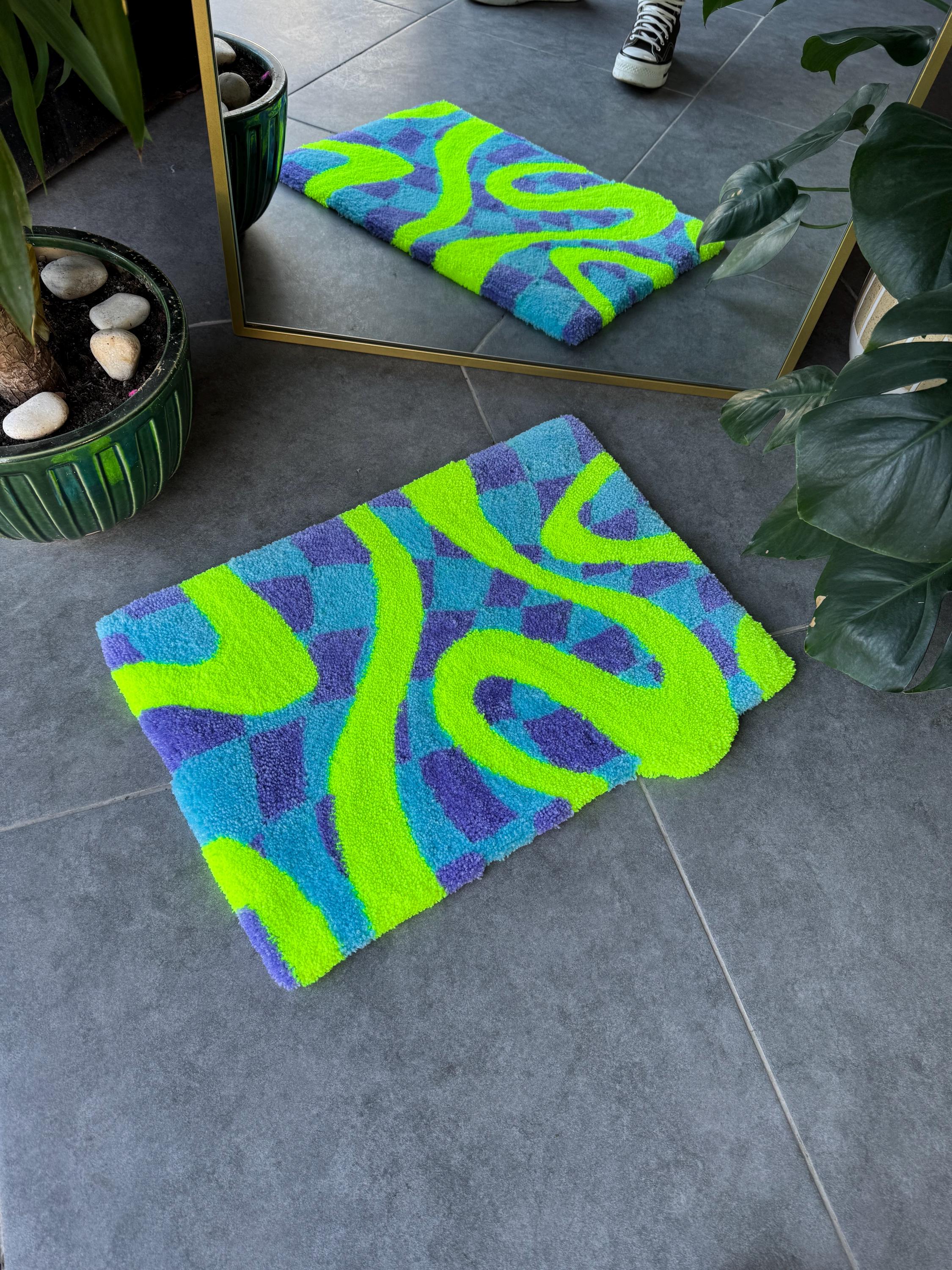 OrnnWorks Neon Green Checkered Fluffy Tufted Rug 23.6x15.7in