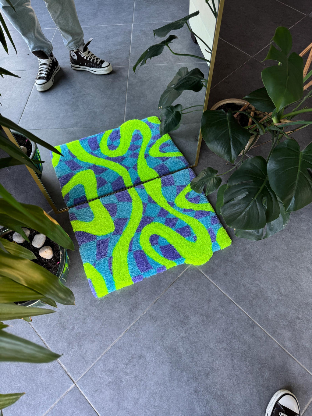 OrnnWorks Neon Green Checkered Fluffy Tufted Rug 23.6x15.7in