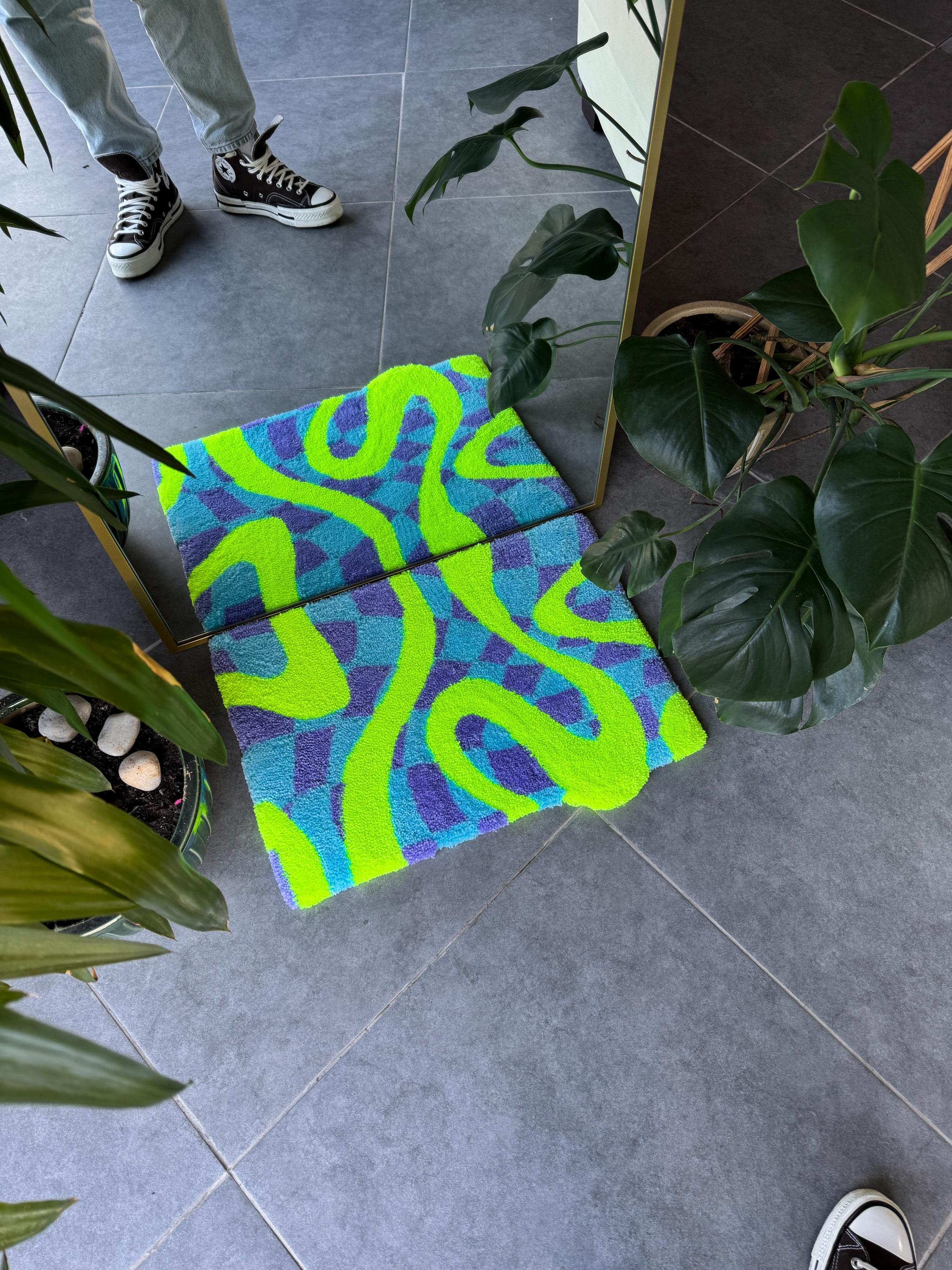 OrnnWorks Neon Green Checkered Fluffy Tufted Rug 23.6x15.7in