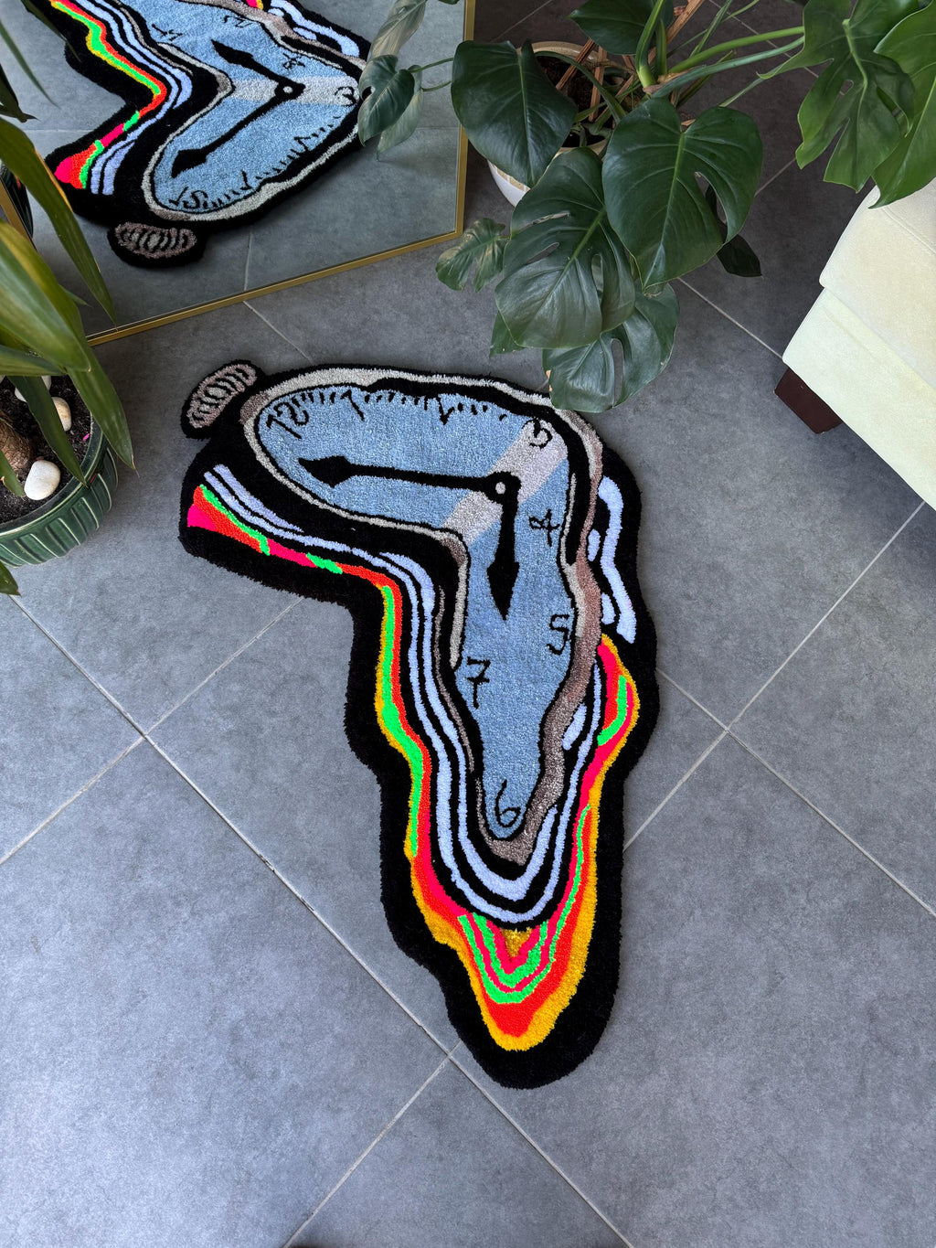 OrnnWorks Surreal Melting Clock Rug Neon Fluffy Handmade Tufted Rug