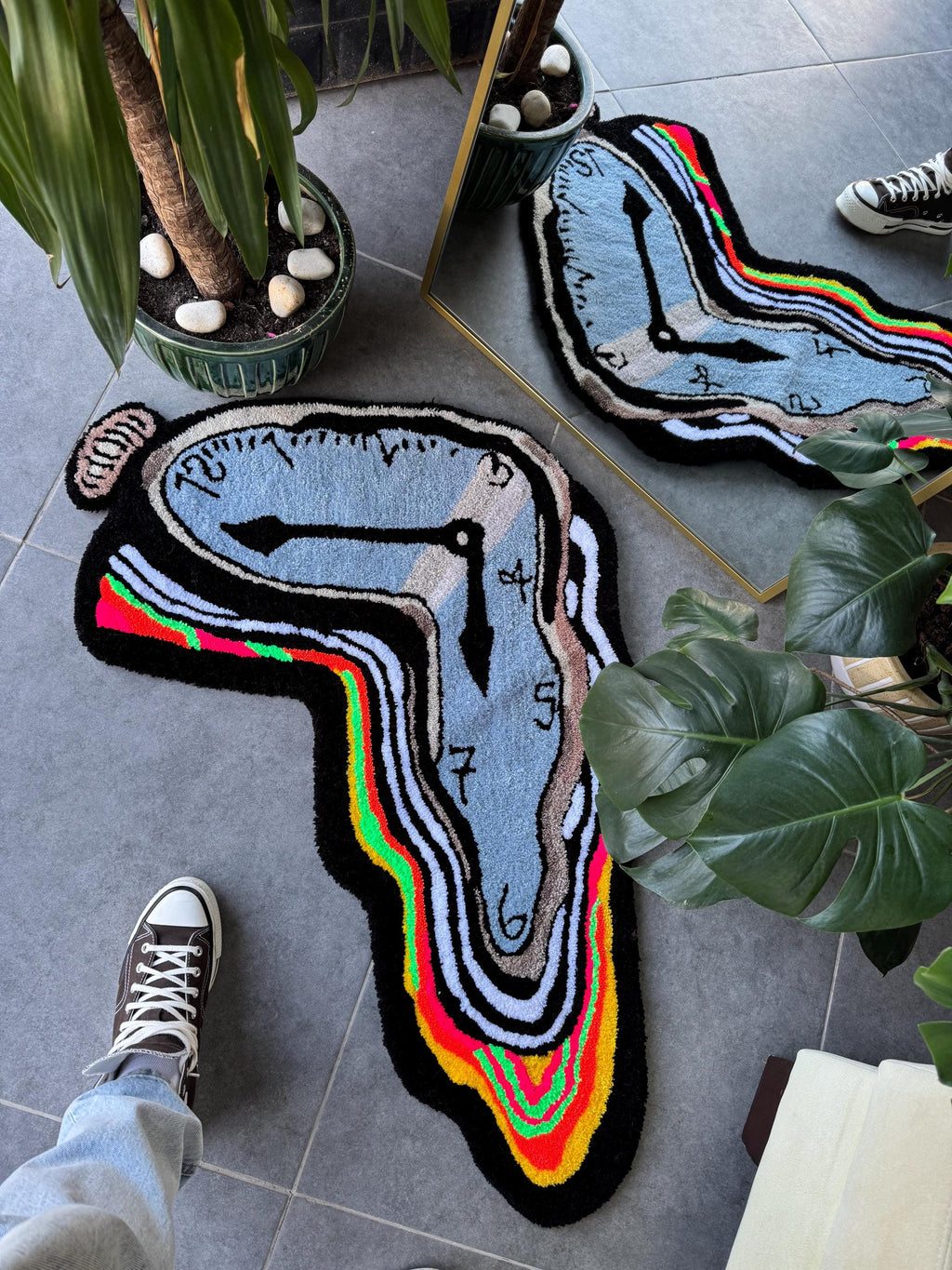 OrnnWorks Surreal Melting Clock Rug Neon Fluffy Handmade Tufted Rug