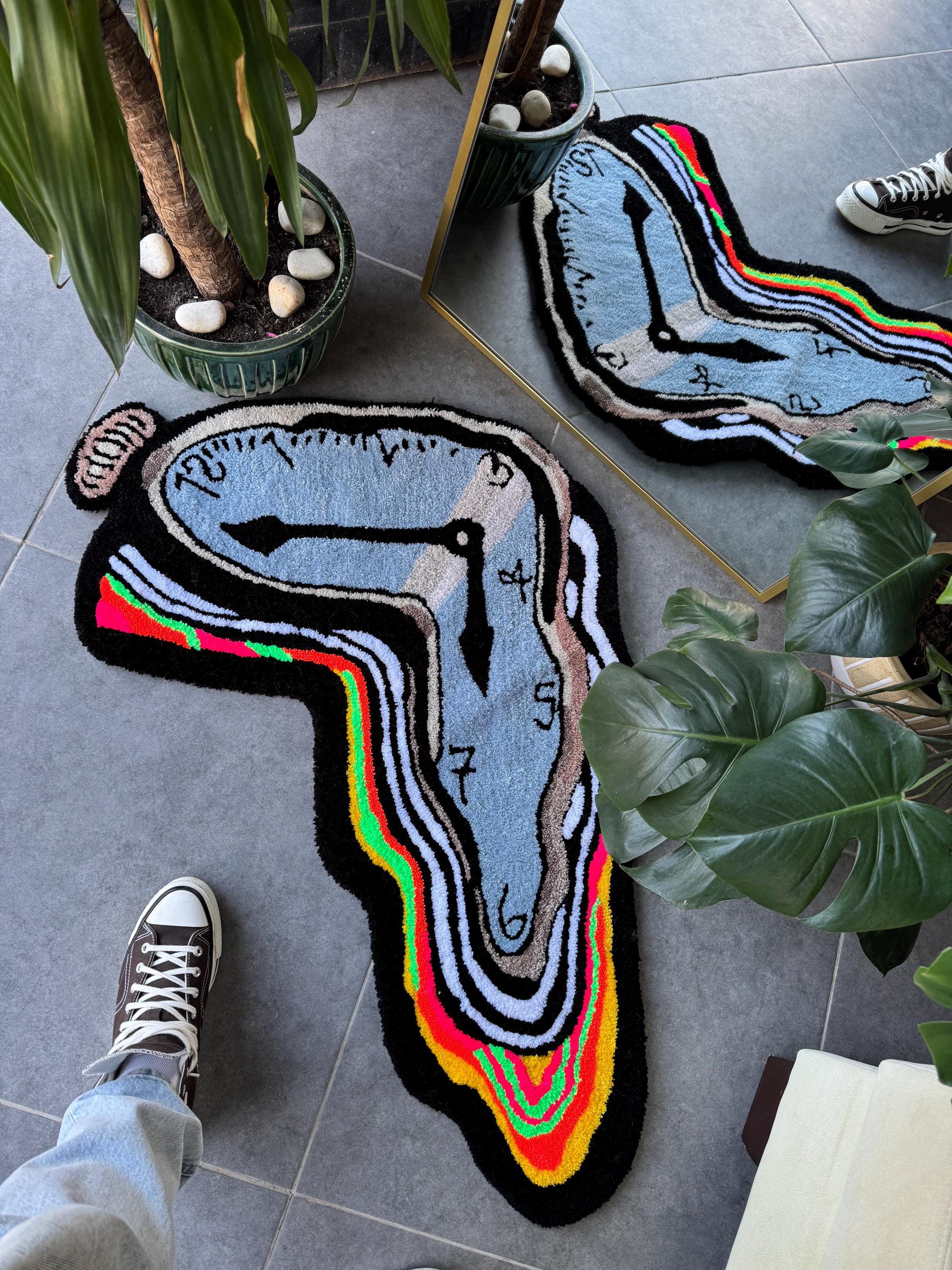 OrnnWorks Surreal Melting Clock Rug Neon Fluffy Handmade Tufted Rug