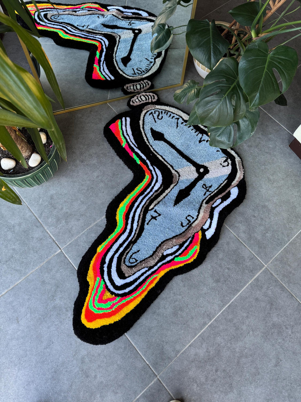 OrnnWorks Surreal Melting Clock Rug Neon Fluffy Handmade Tufted Rug