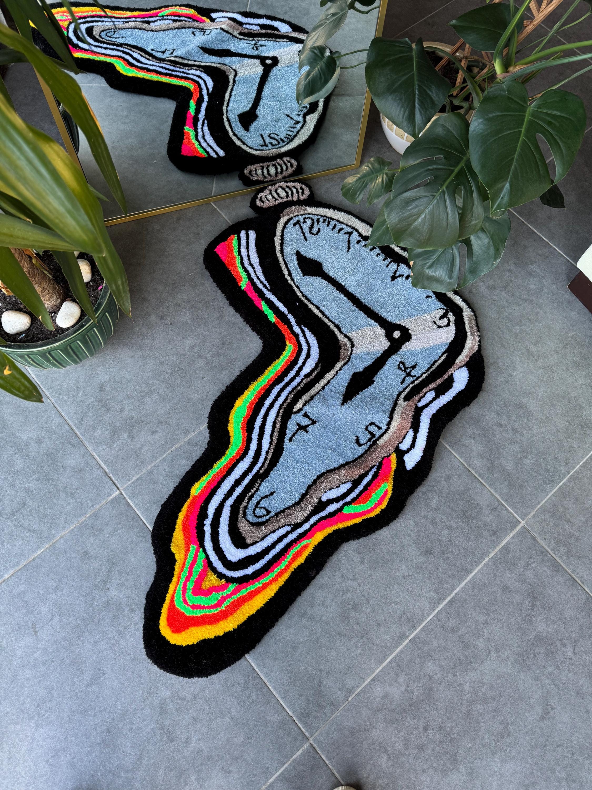 OrnnWorks Surreal Melting Clock Rug Neon Fluffy Handmade Tufted Rug