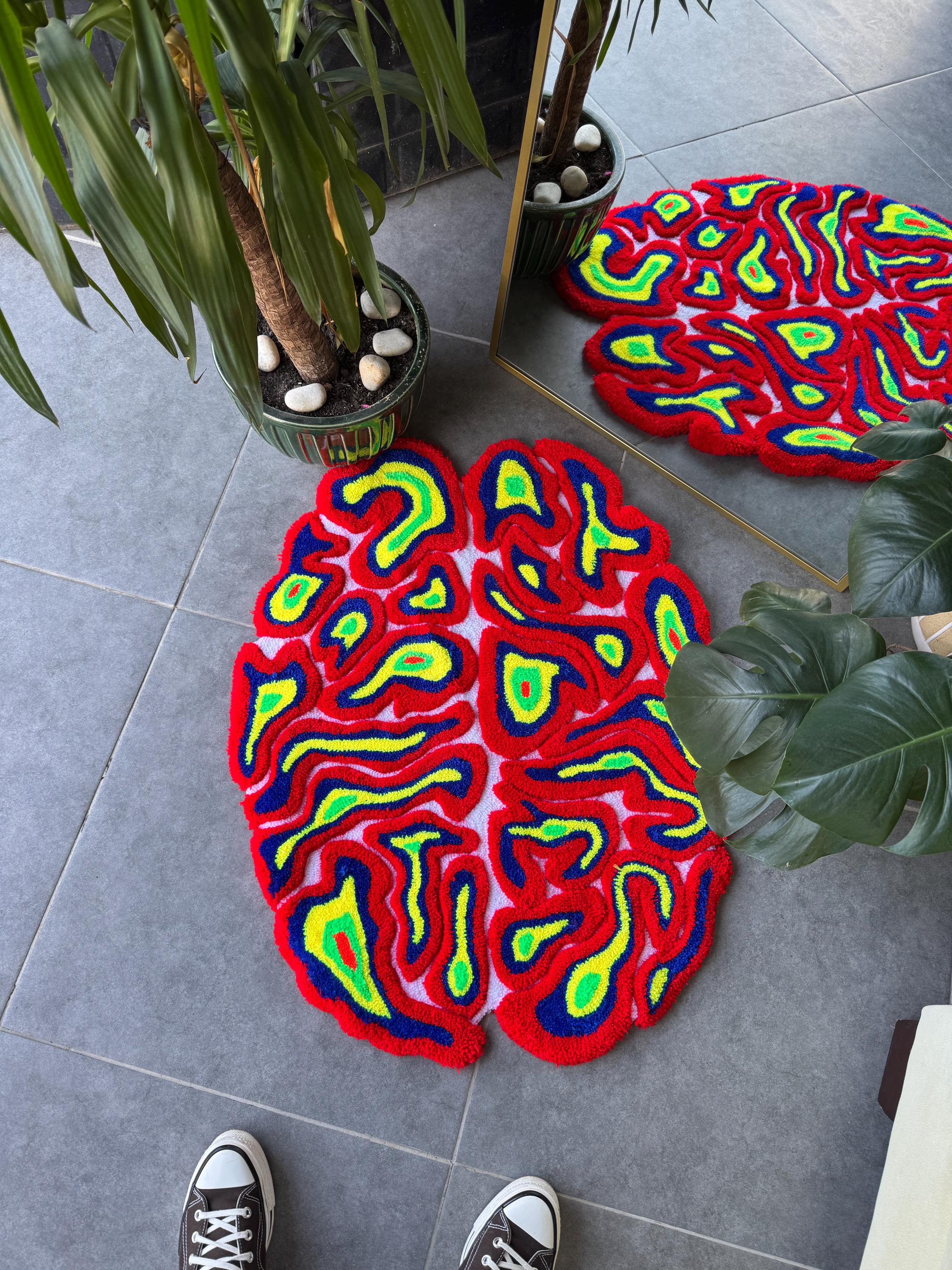 OrnnWorks Thermal Neon Brain 3D Fluffy Handmade Tufted Rug