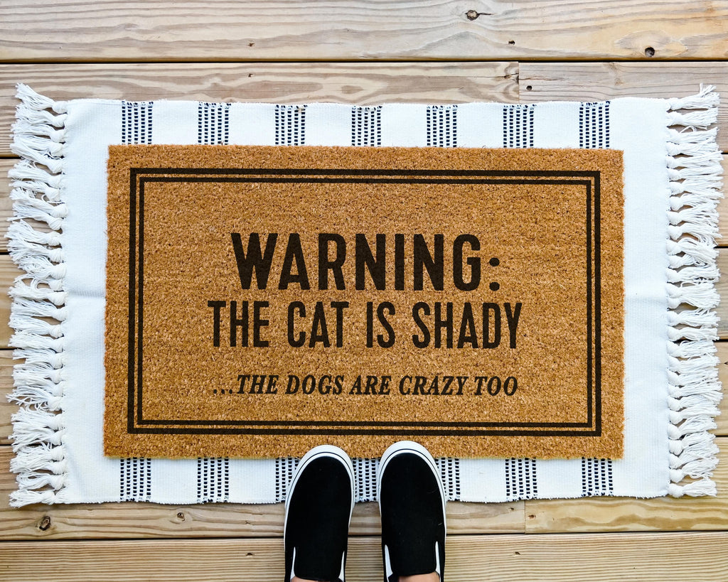 HamlinRowShop Warning the Cat Is Shady Customizable Coir Doormat