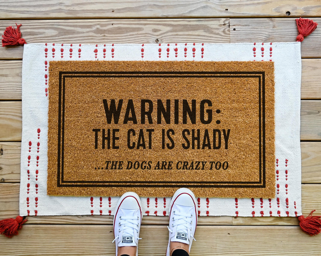 HamlinRowShop Warning the Cat Is Shady Customizable Coir Doormat
