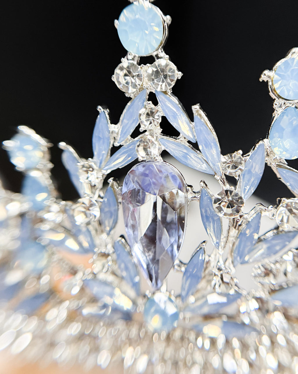 Silver Crystal Tiara Blue Cream Bridal Headpiece Wedding Crown