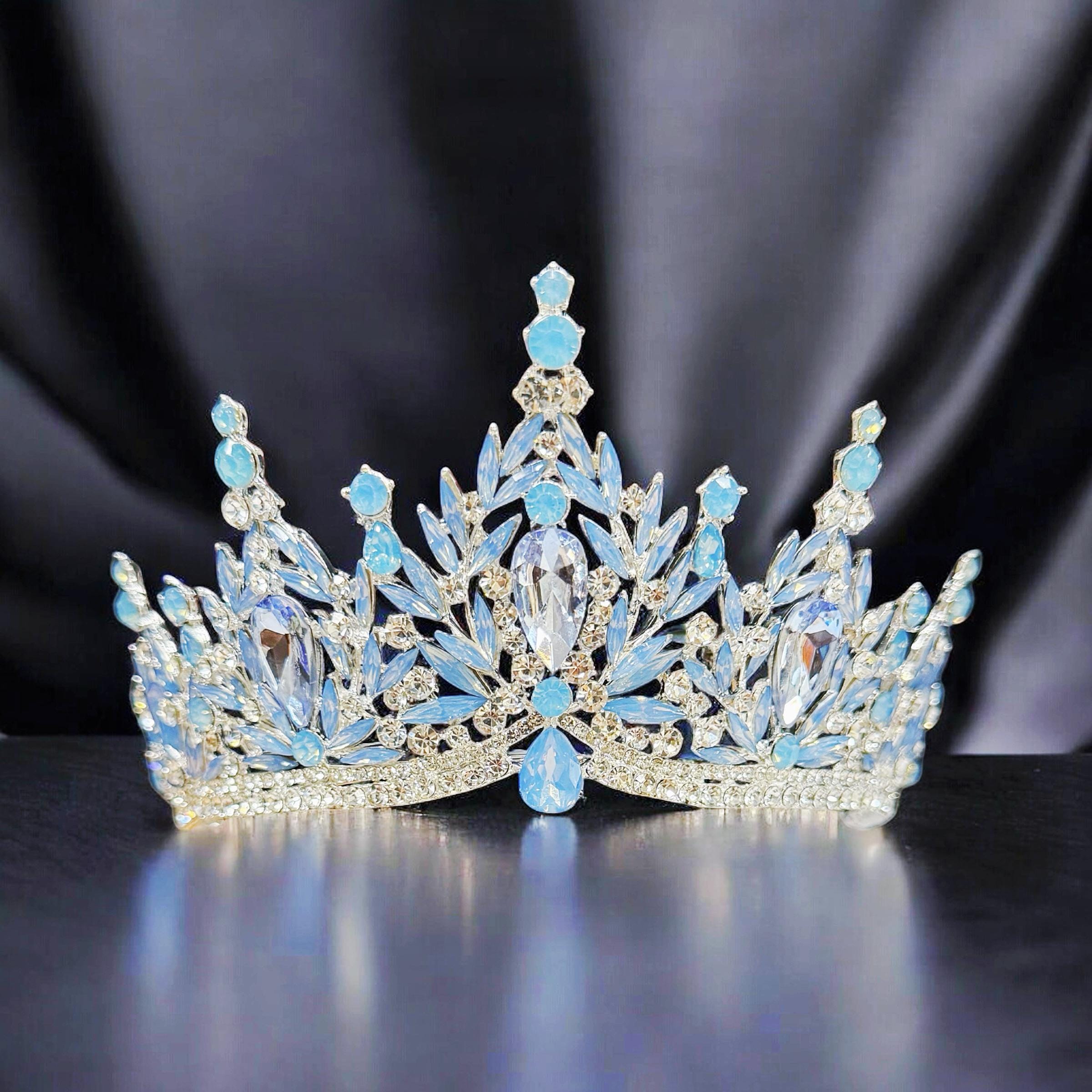 Silver Crystal Tiara Blue Cream Bridal Headpiece Wedding Crown