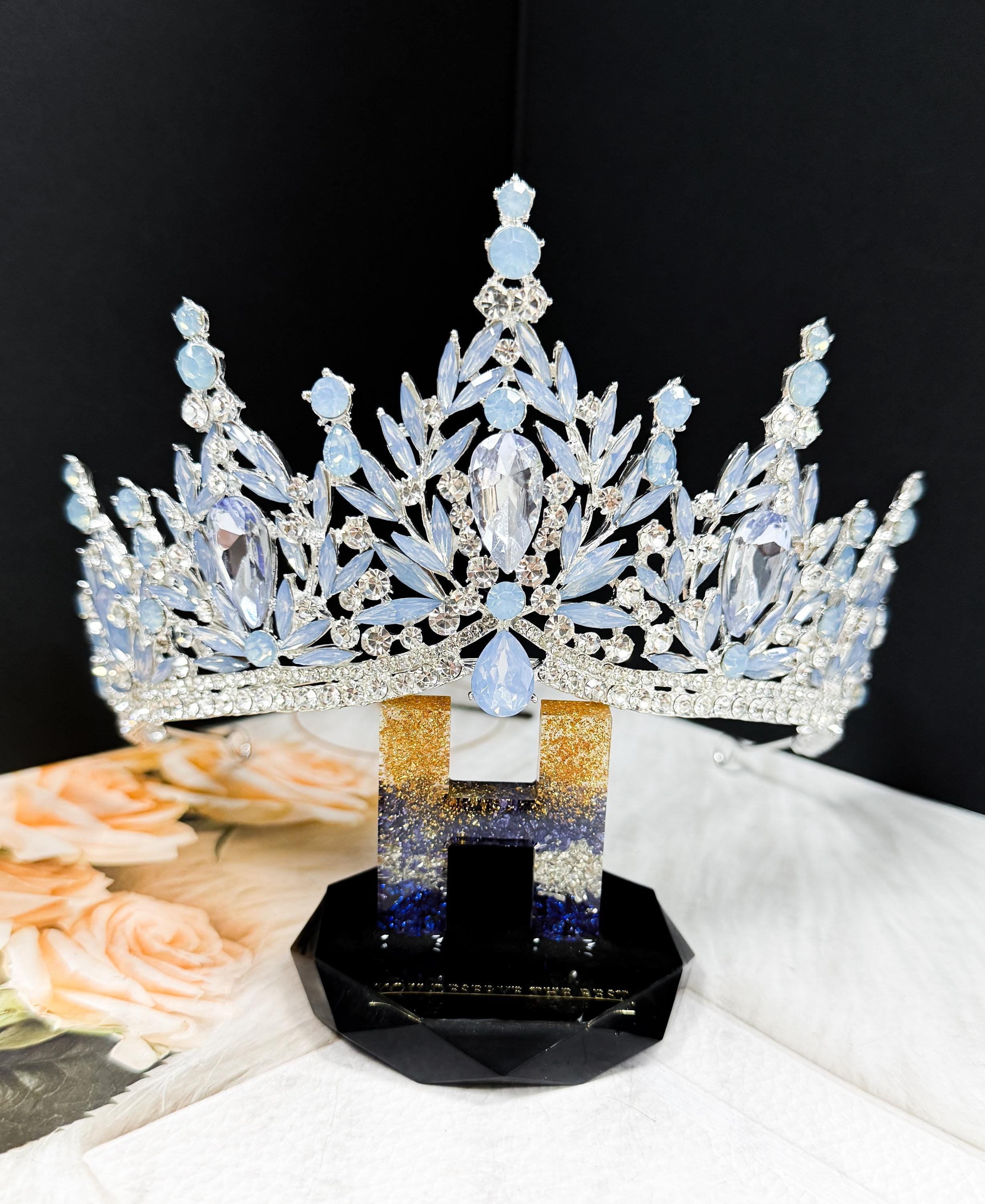 Silver Crystal Tiara Blue Cream Bridal Headpiece Wedding Crown