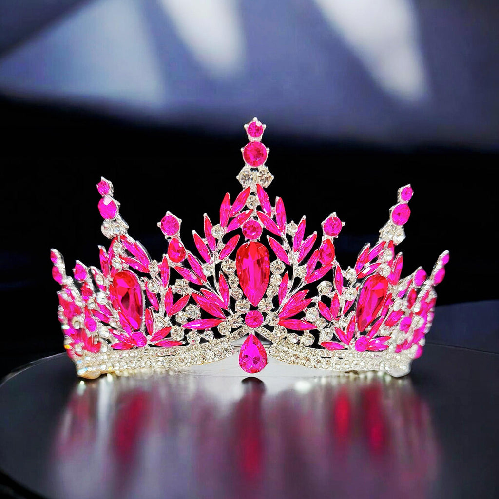 HappyJewelryWorld Fuchsia Crystal Silver Tiara Crown Bridal Headpiece
