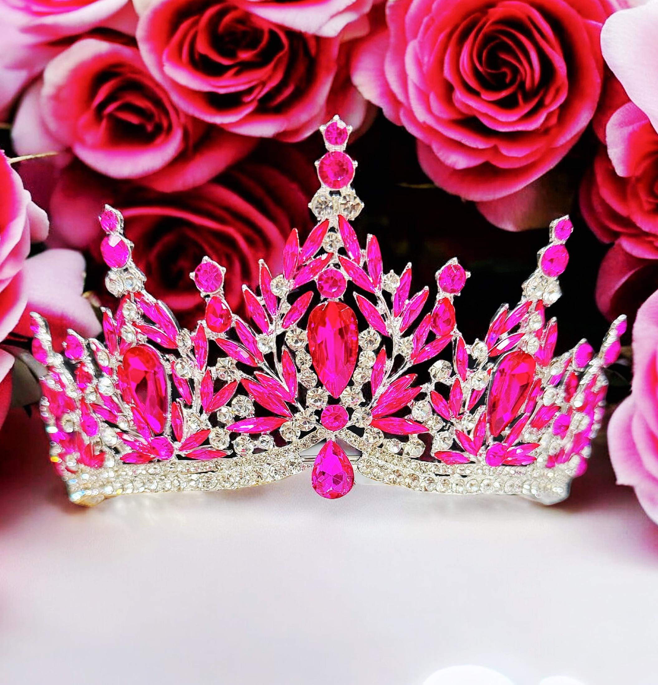HappyJewelryWorld Fuchsia Crystal Silver Tiara Crown Bridal Headpiece