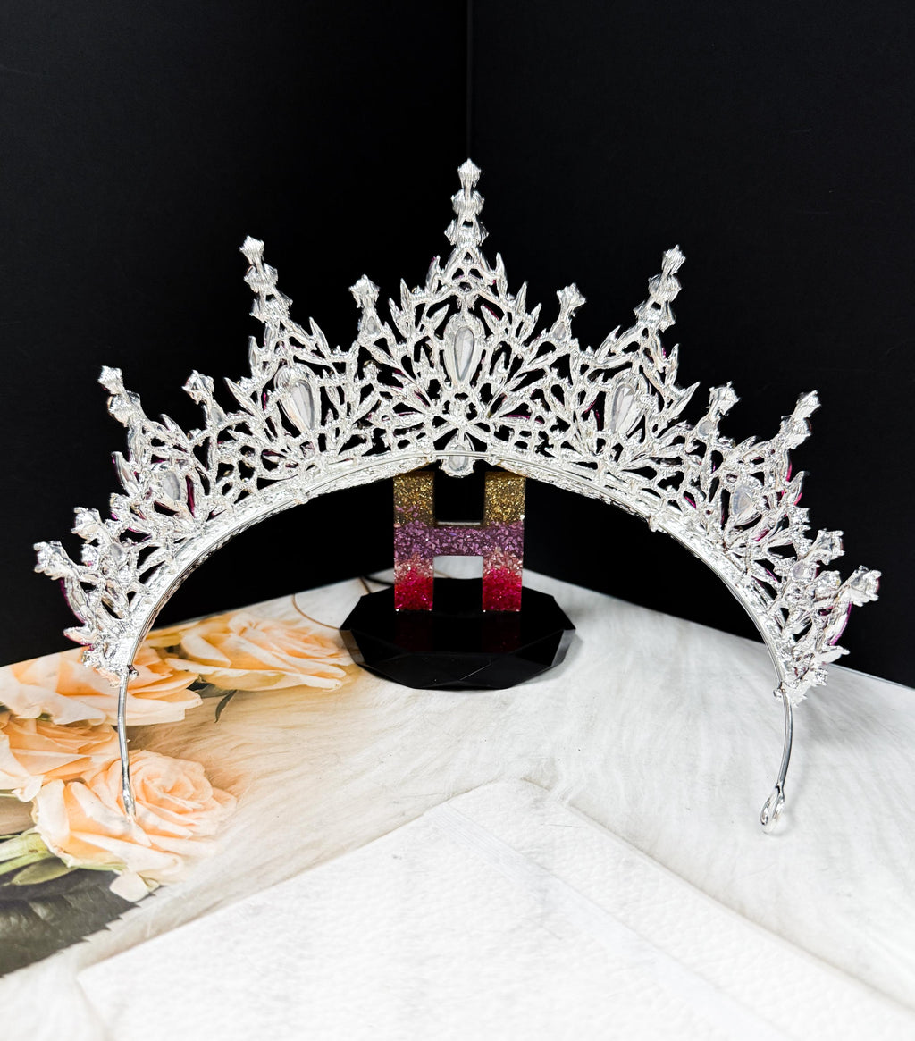 HappyJewelryWorld Fuchsia Crystal Silver Tiara Crown Bridal Headpiece