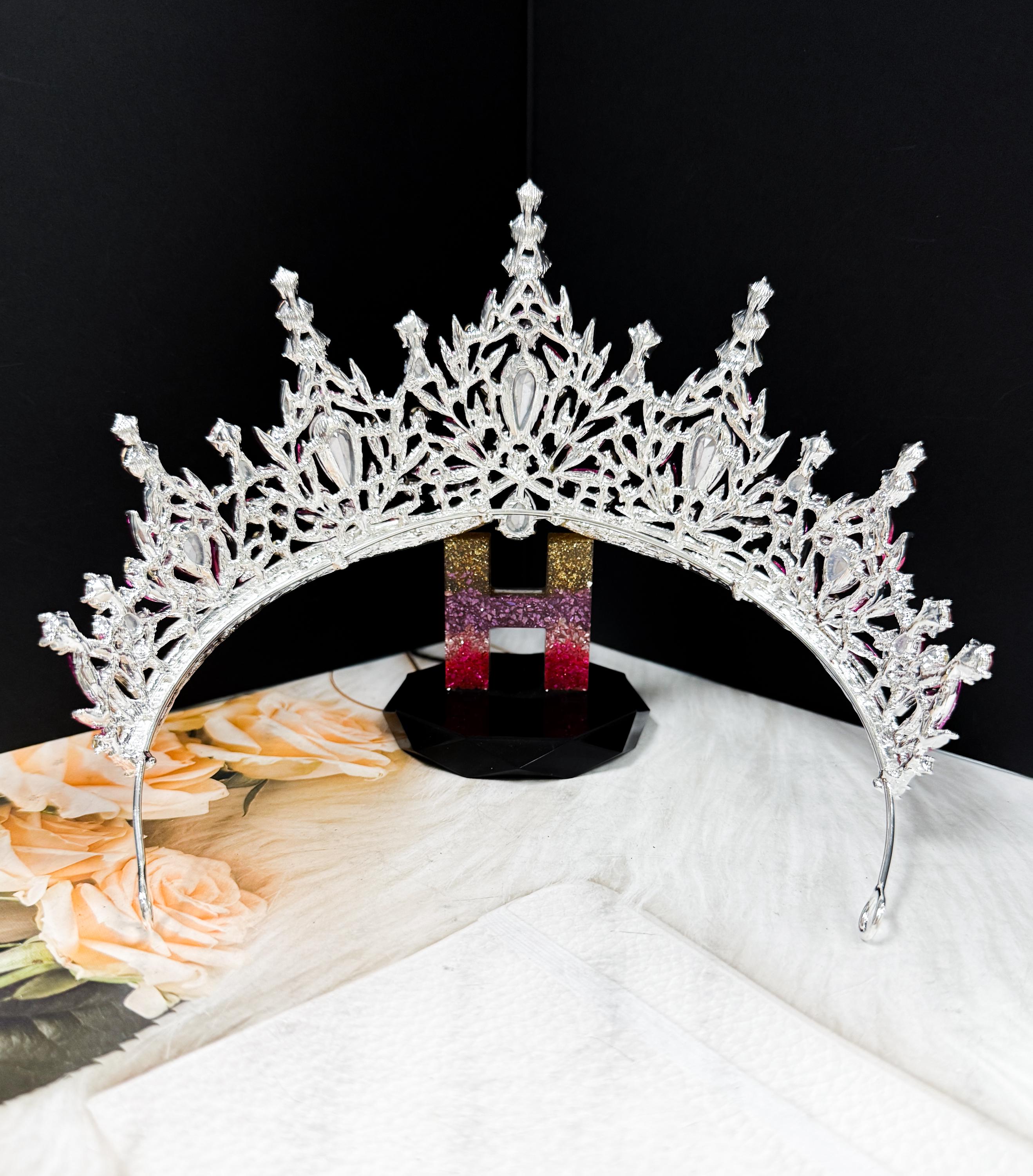 HappyJewelryWorld Fuchsia Crystal Silver Tiara Crown Bridal Headpiece