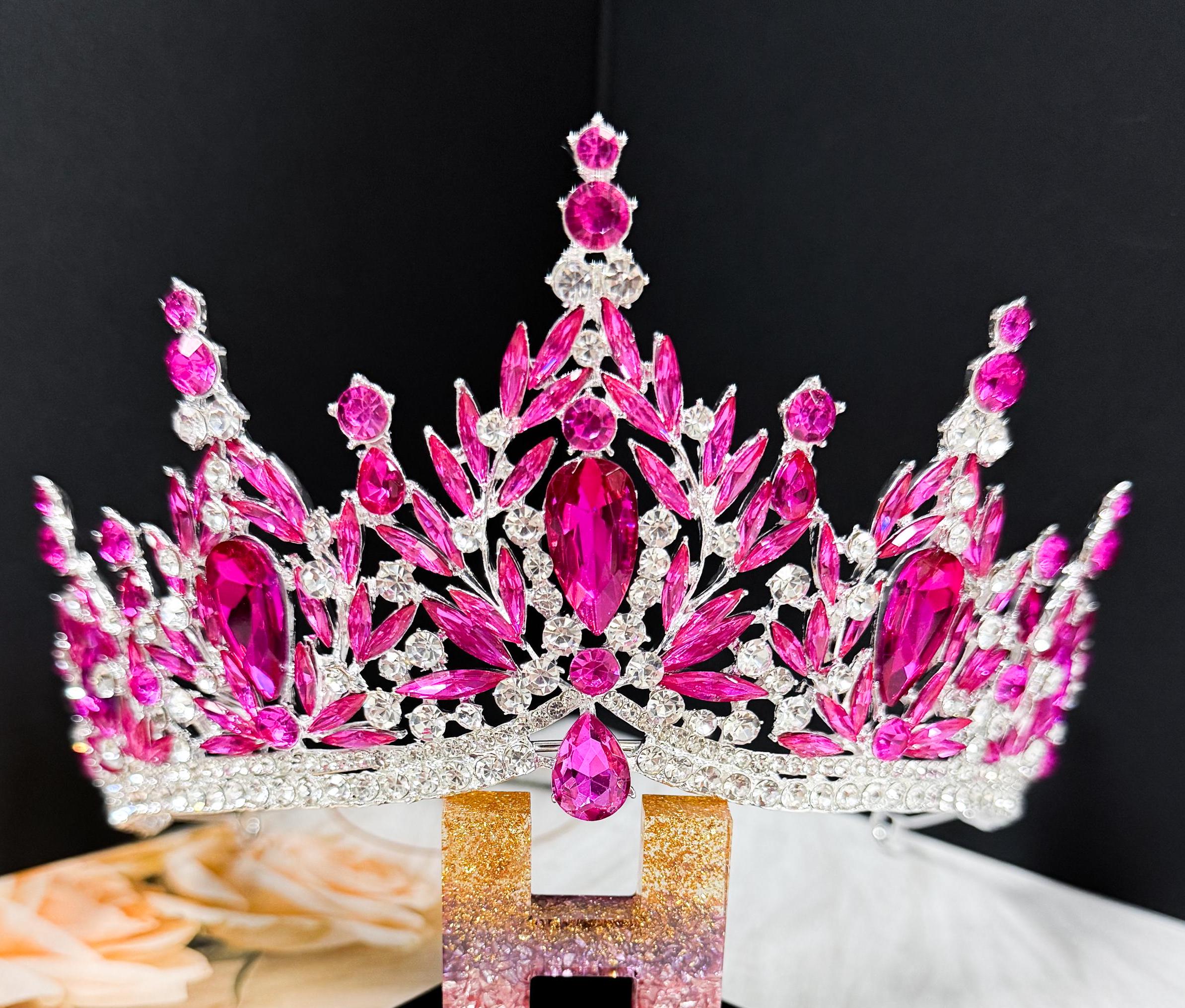 HappyJewelryWorld Fuchsia Crystal Silver Tiara Crown Bridal Headpiece