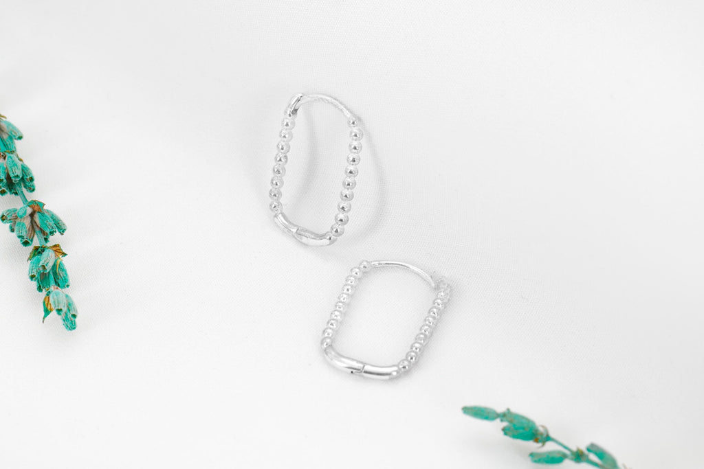SilverGoldandRose Beaded Ball Rectangle Huggie Hoop Earrings