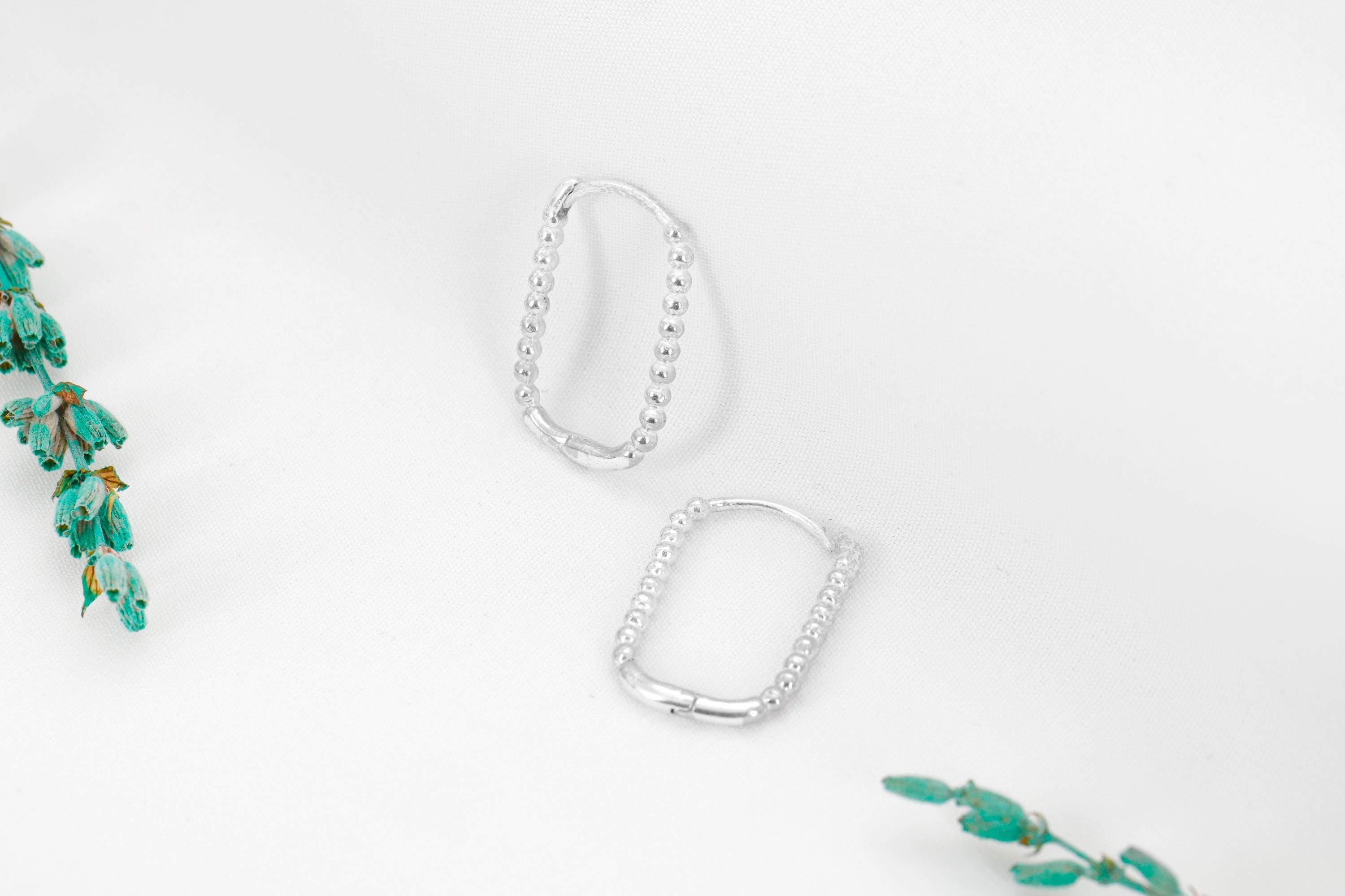 SilverGoldandRose Beaded Ball Rectangle Huggie Hoop Earrings
