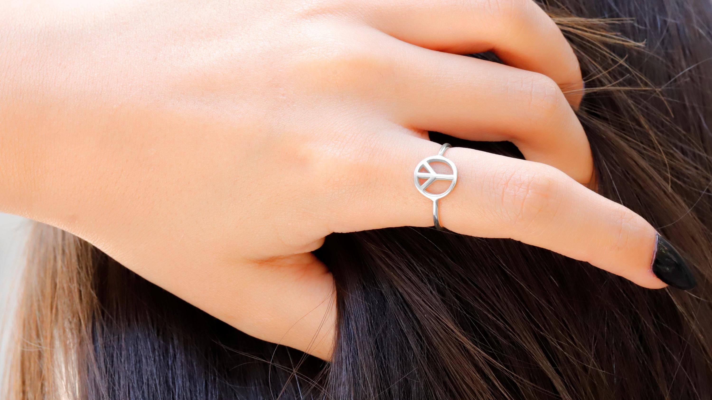 SilverGoldandRose Sterling Silver Peace Sign Ring Dainty Love Jewelry