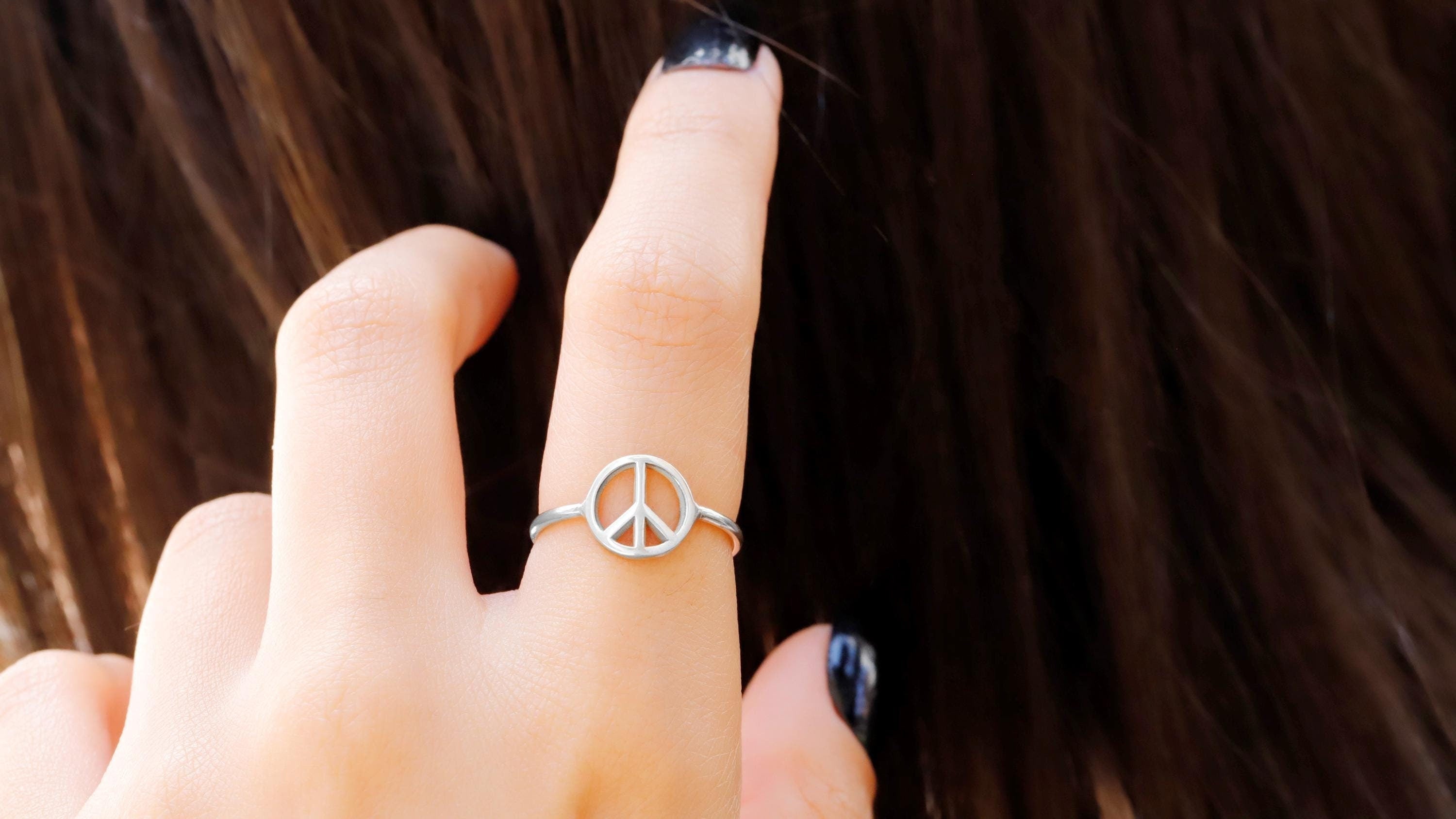 SilverGoldandRose Sterling Silver Peace Sign Ring Dainty Love Jewelry