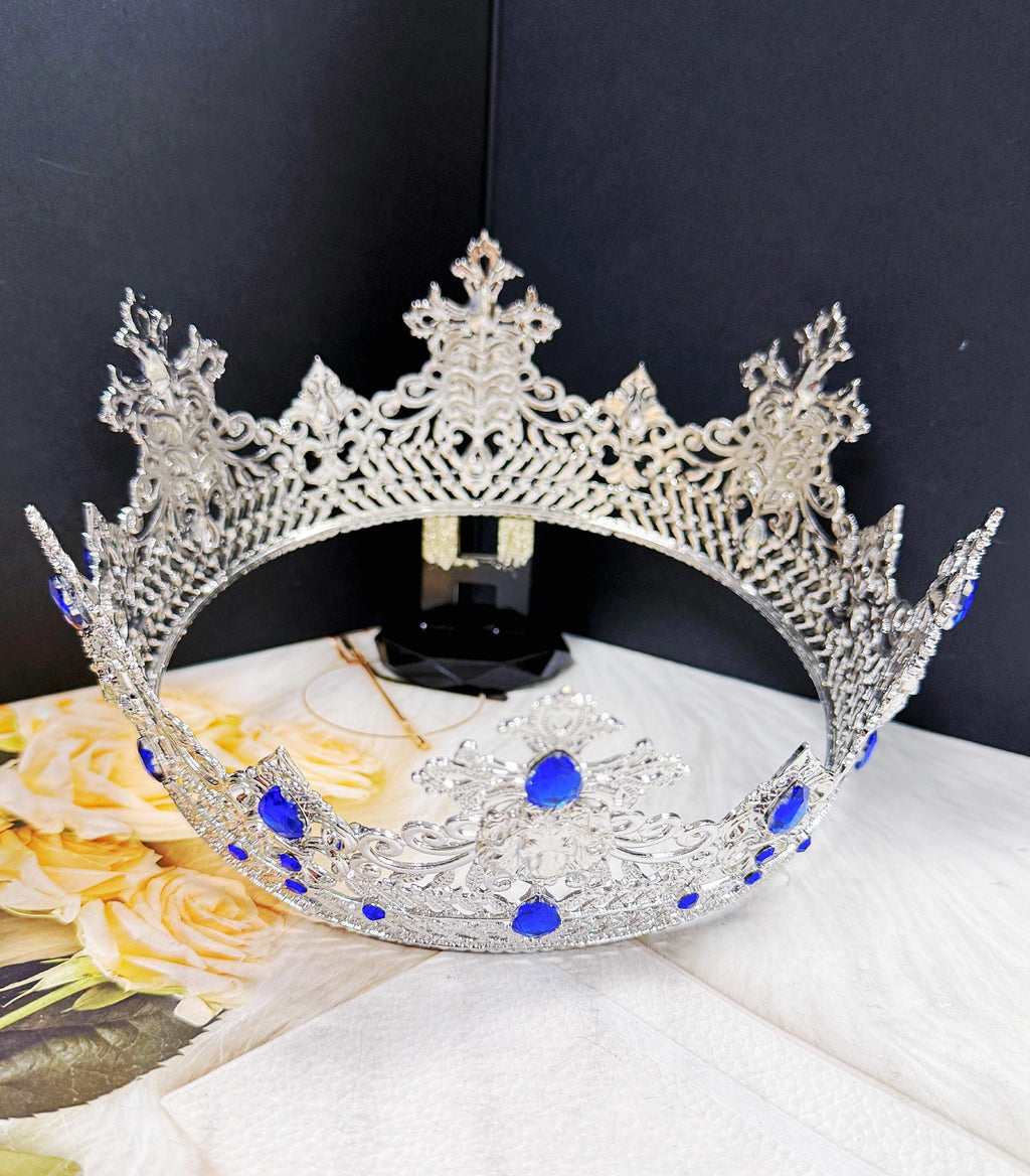 HappyJewelryWorld Vintage Lion King Crown Blue Crystal XL 23.5