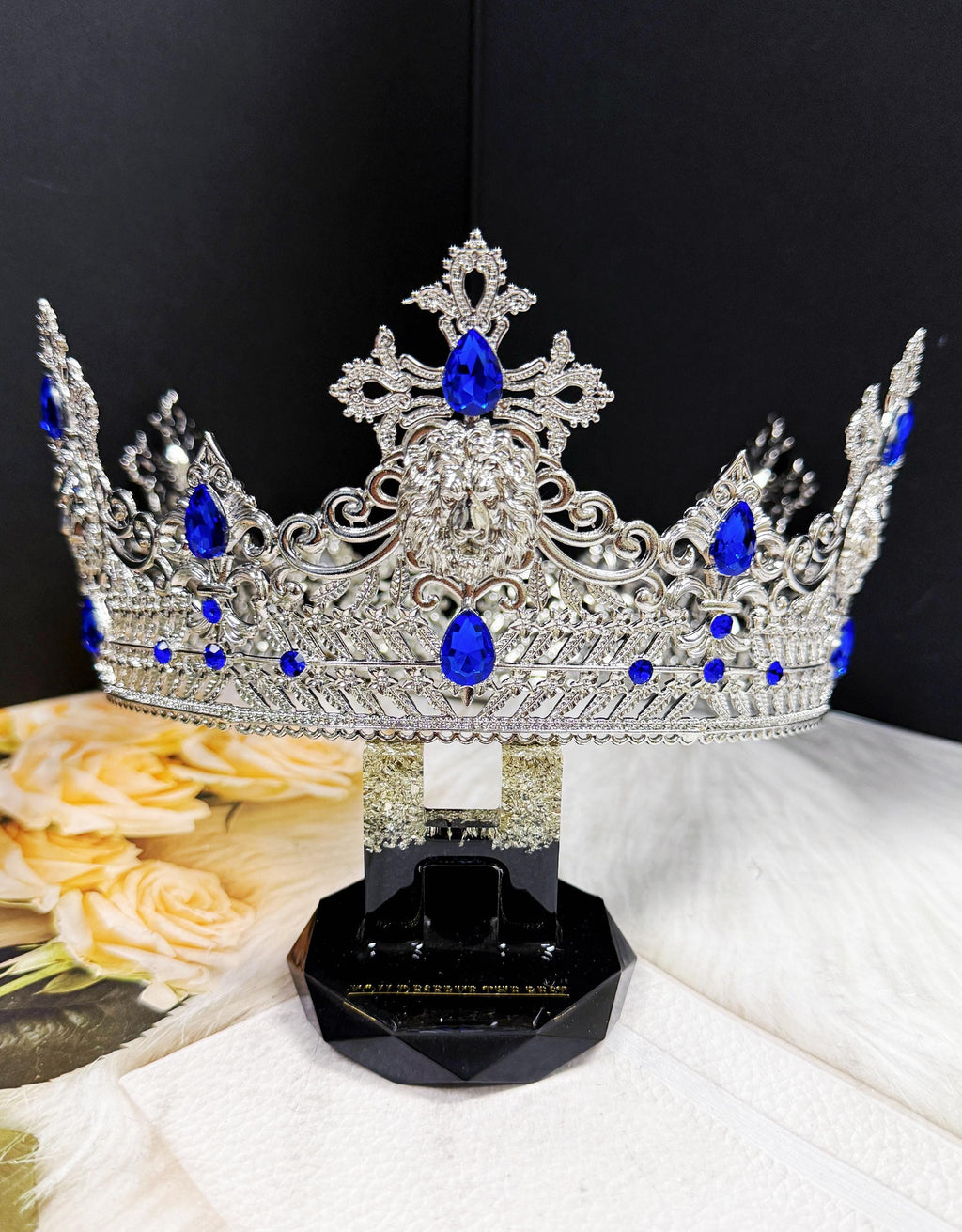 HappyJewelryWorld Vintage Lion King Crown Blue Crystal XL 23.5