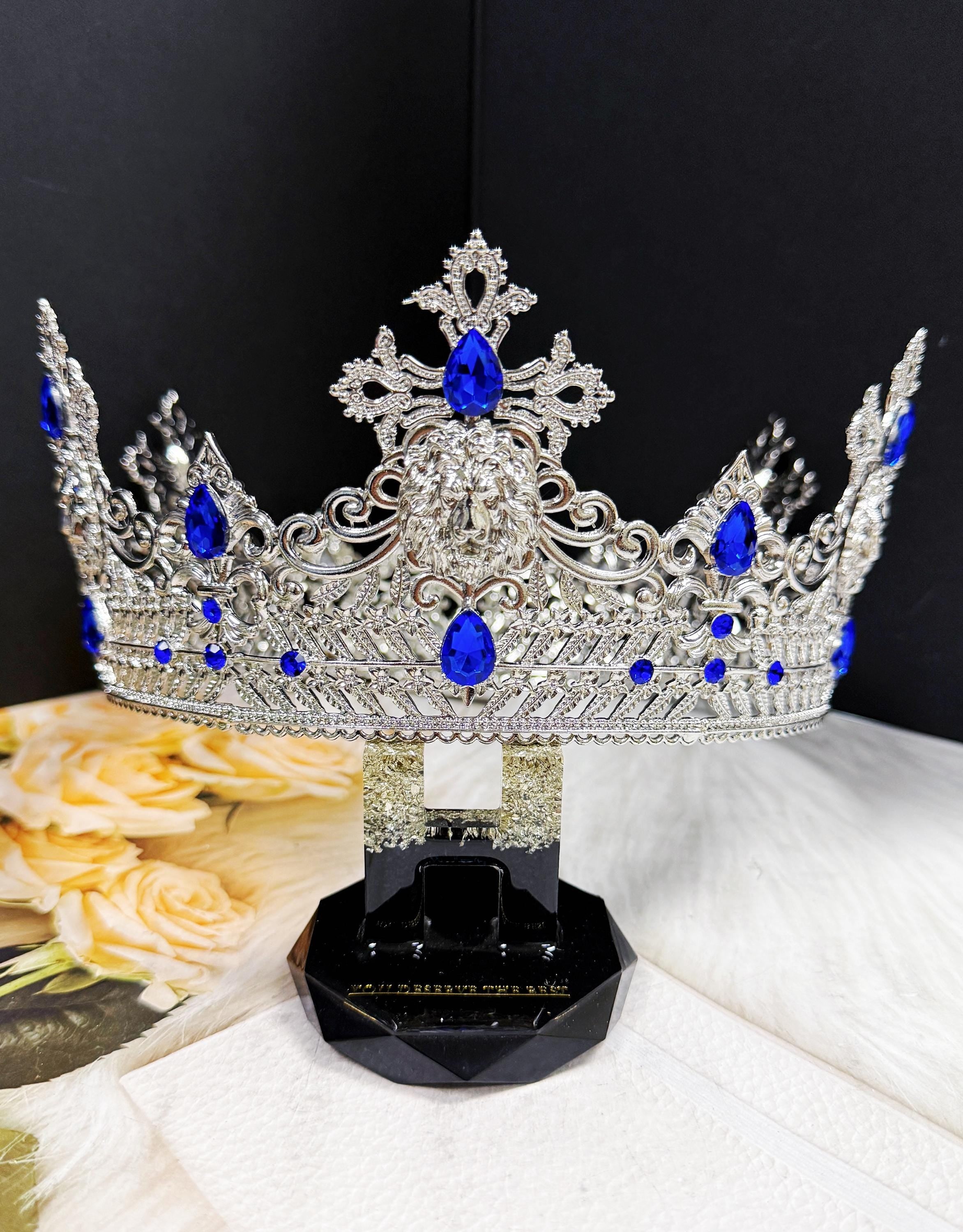HappyJewelryWorld Vintage Lion King Crown Blue Crystal XL 23.5