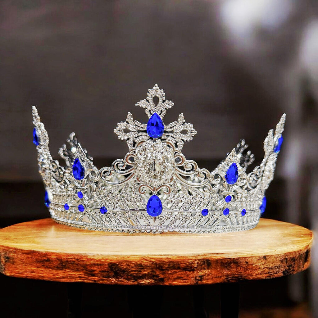 HappyJewelryWorld Vintage Lion King Crown Blue Crystal XL 23.5