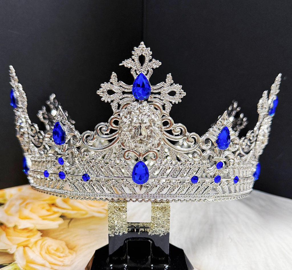 HappyJewelryWorld Vintage Lion King Crown Blue Crystal XL 23.5
