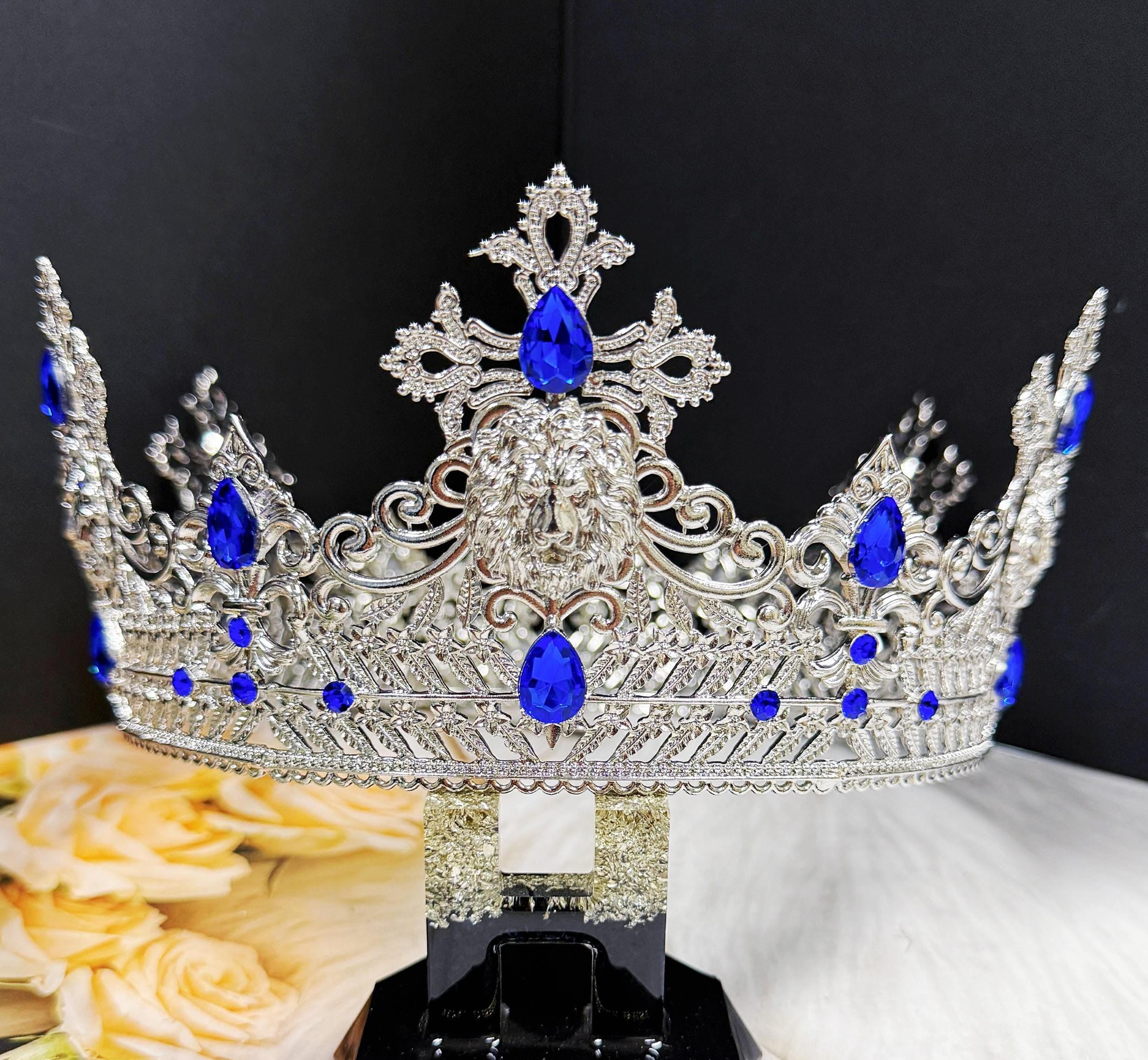 HappyJewelryWorld Vintage Lion King Crown Blue Crystal XL 23.5