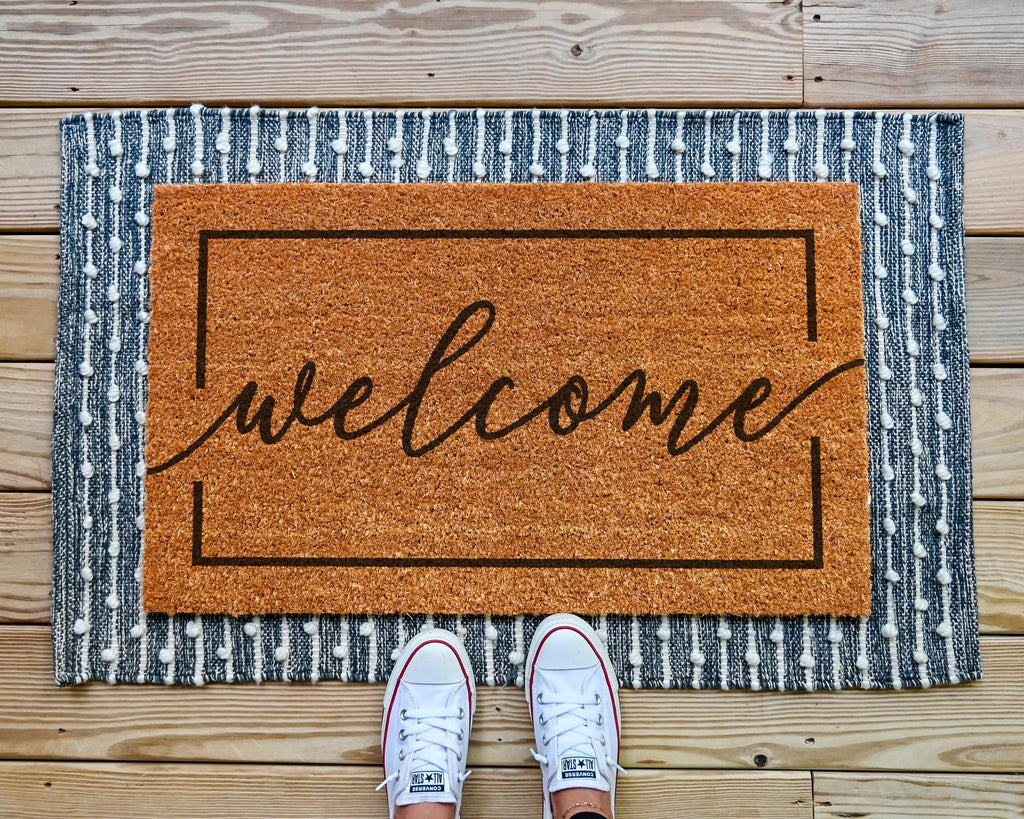 HamlinRowShop Cursive Coir Welcome Door Mat Natural Brown