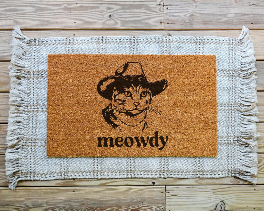 HamlinRowShop Meowdy Doormat Funny Cowboy Kitty Coir Welcome Mat