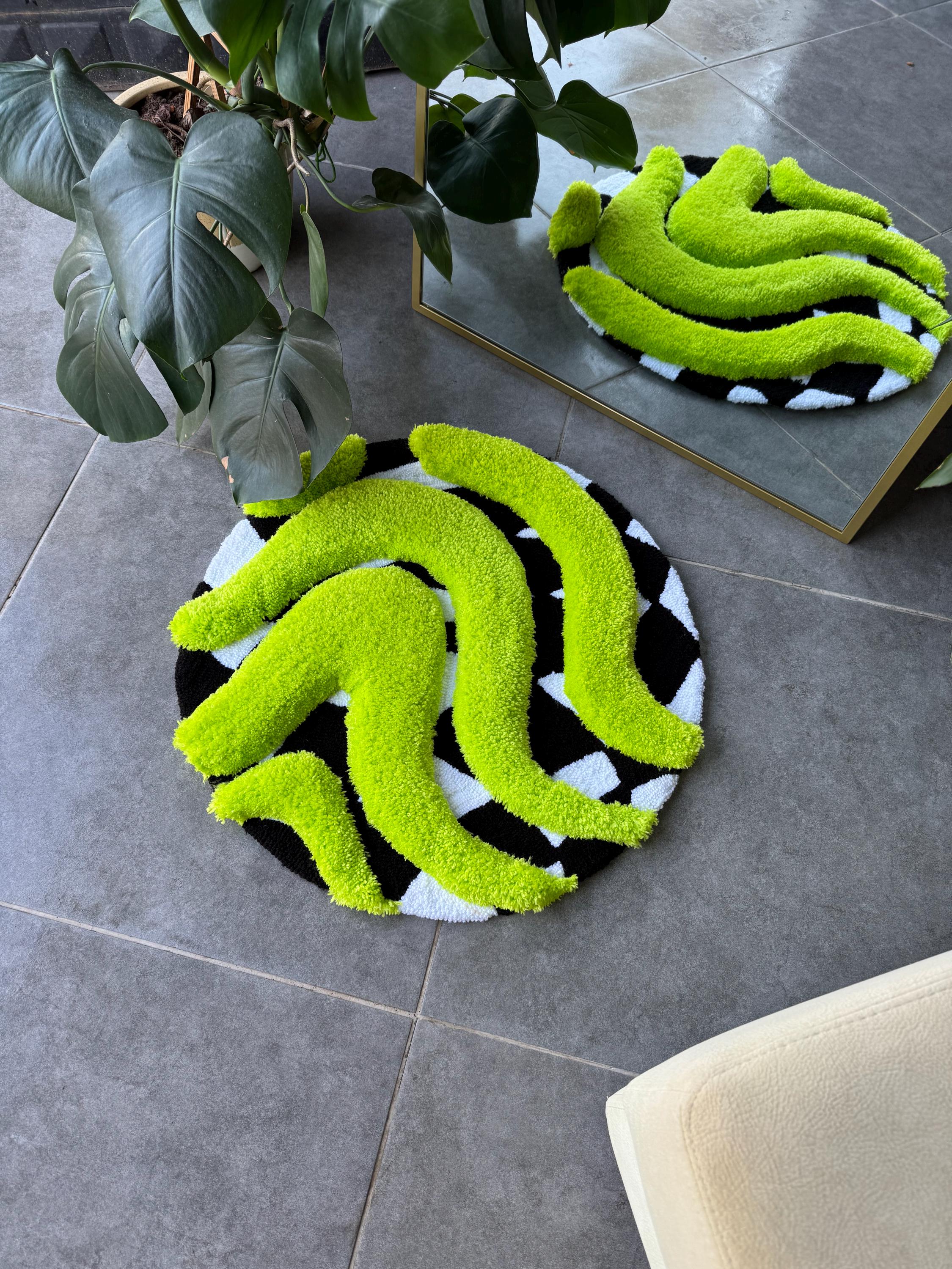 OrnnWorks 3D Vibrant Green & Checkered Fluffy Handmade Tufted Rug