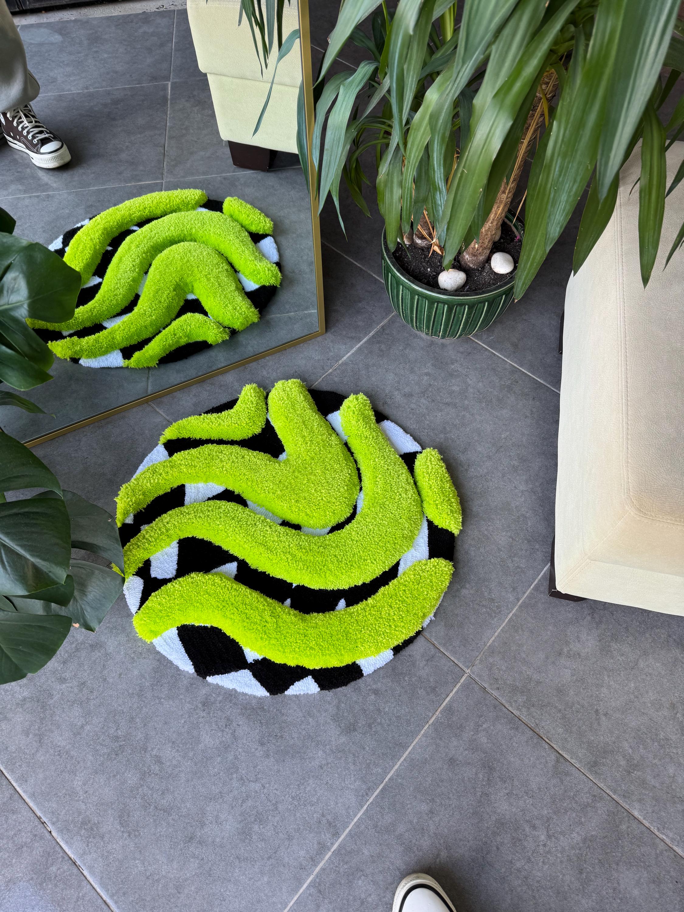 OrnnWorks 3D Vibrant Green & Checkered Fluffy Handmade Tufted Rug