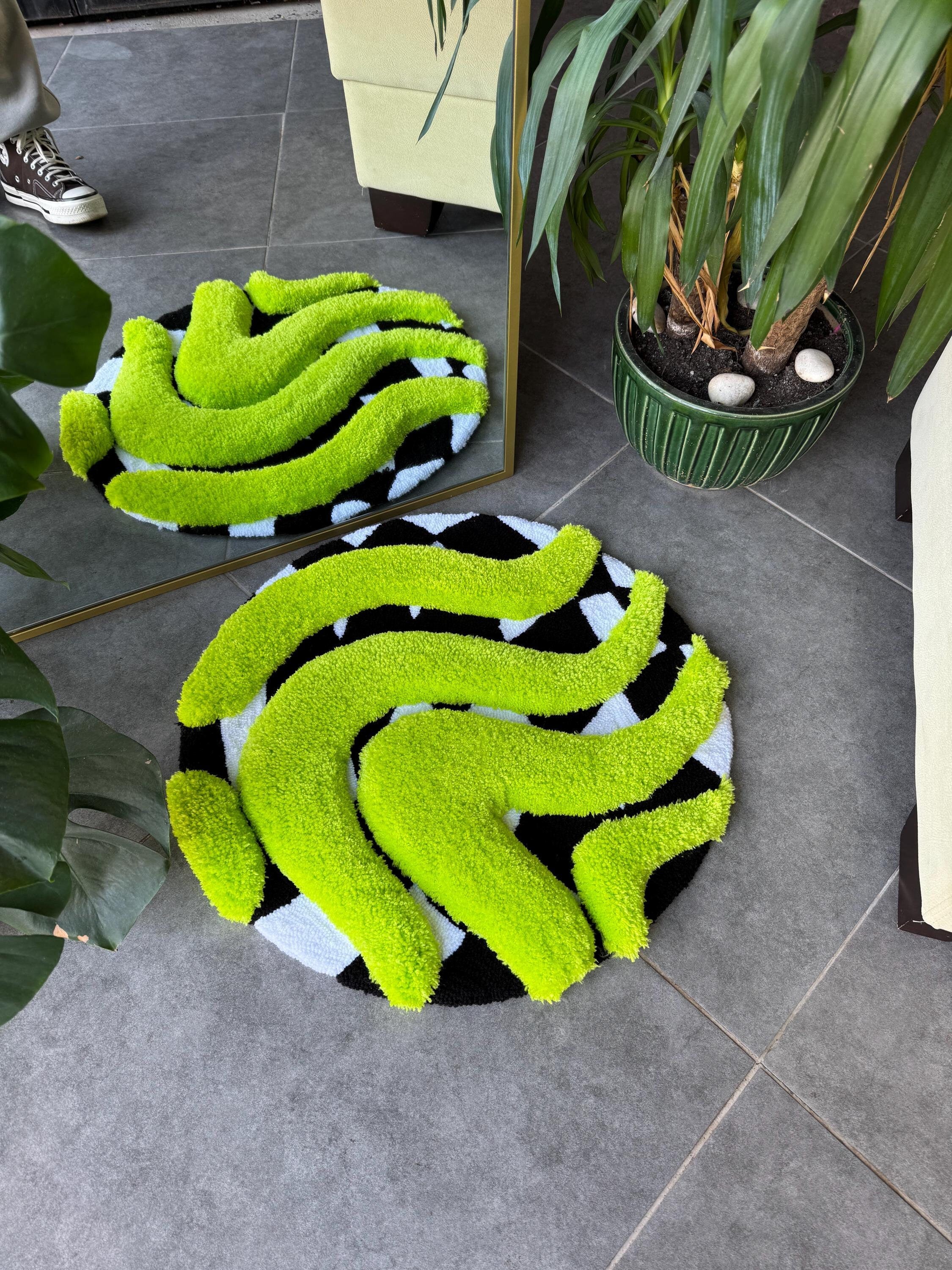 OrnnWorks 3D Vibrant Green & Checkered Fluffy Handmade Tufted Rug
