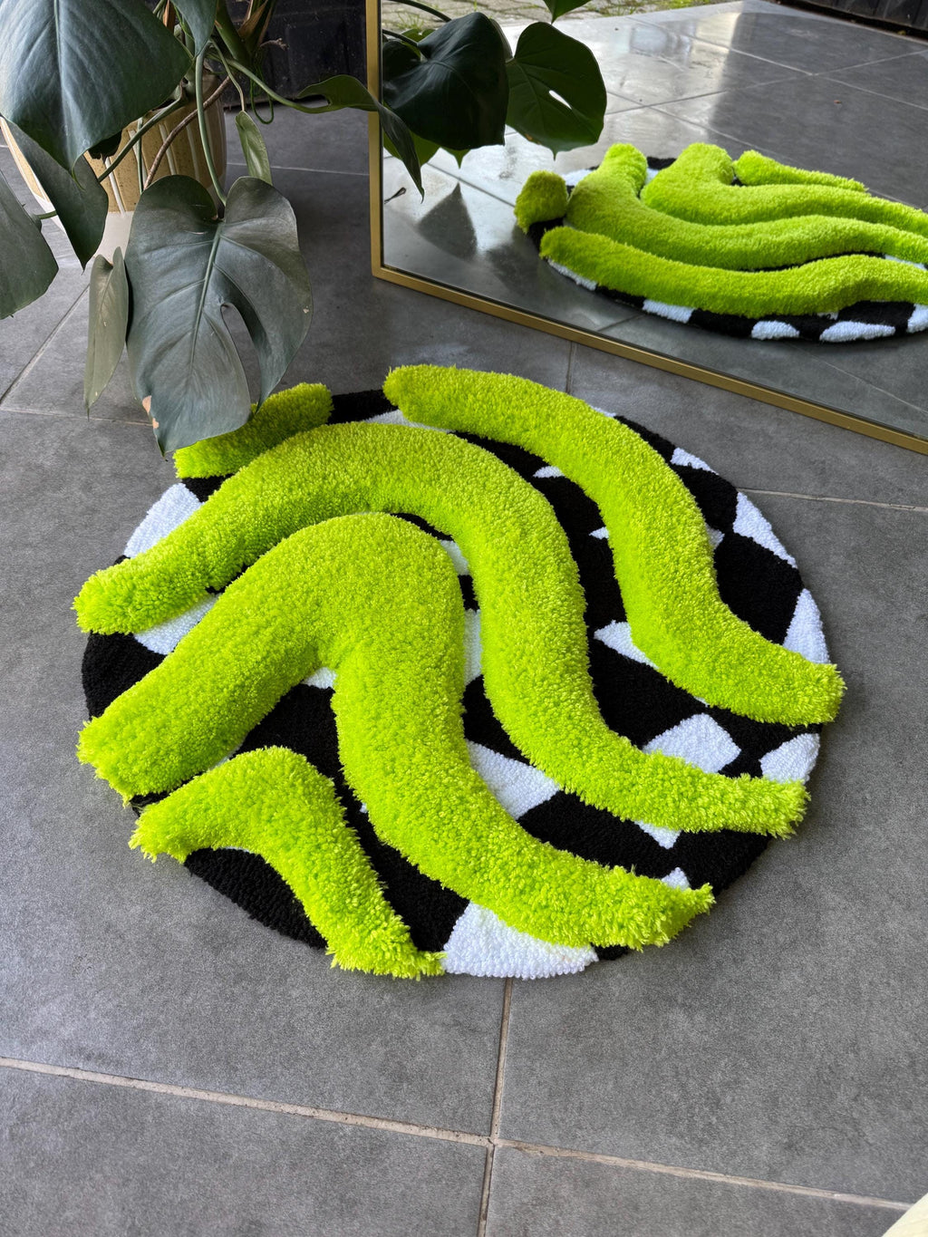 OrnnWorks 3D Vibrant Green & Checkered Fluffy Handmade Tufted Rug