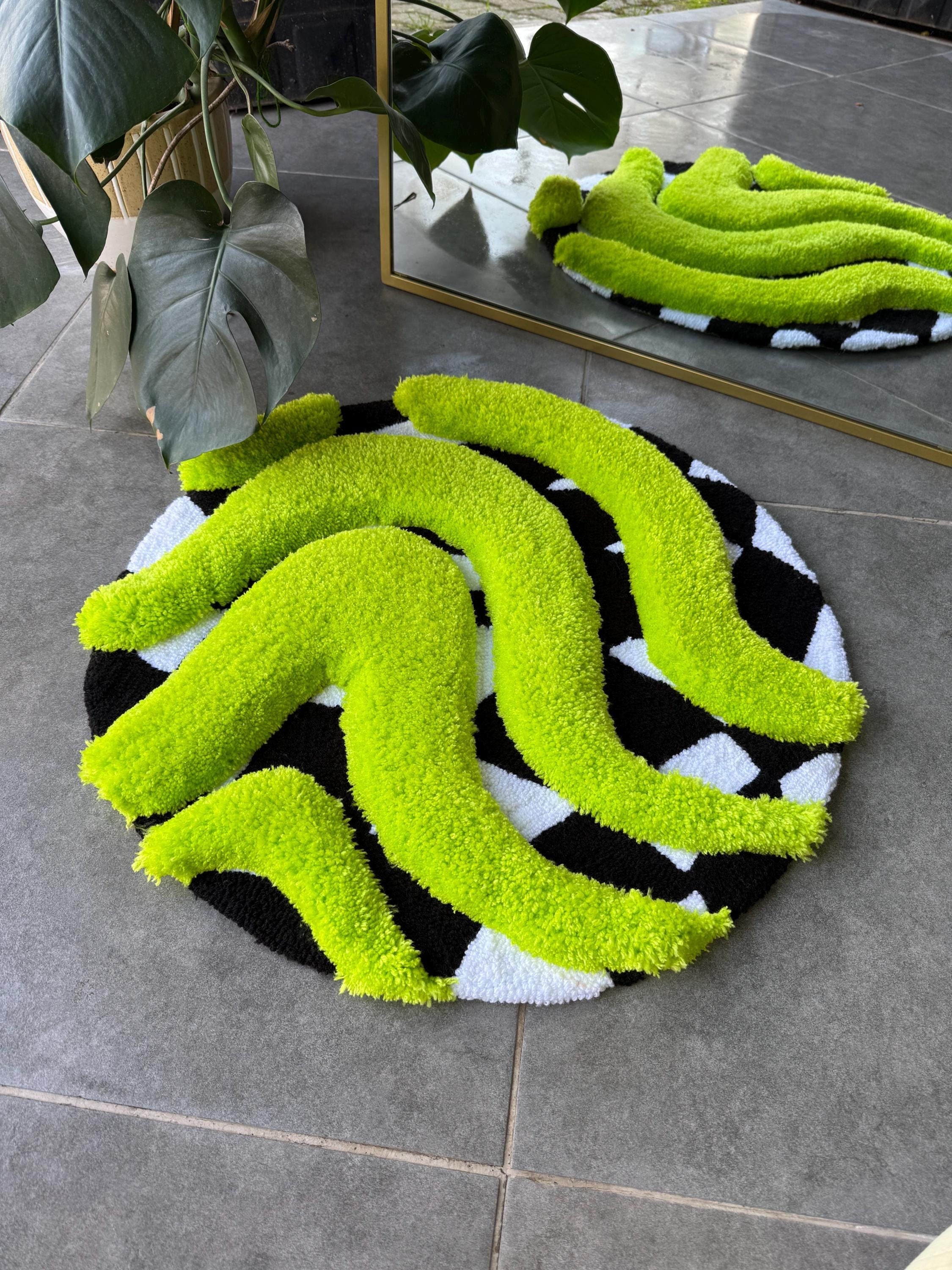 OrnnWorks 3D Vibrant Green & Checkered Fluffy Handmade Tufted Rug